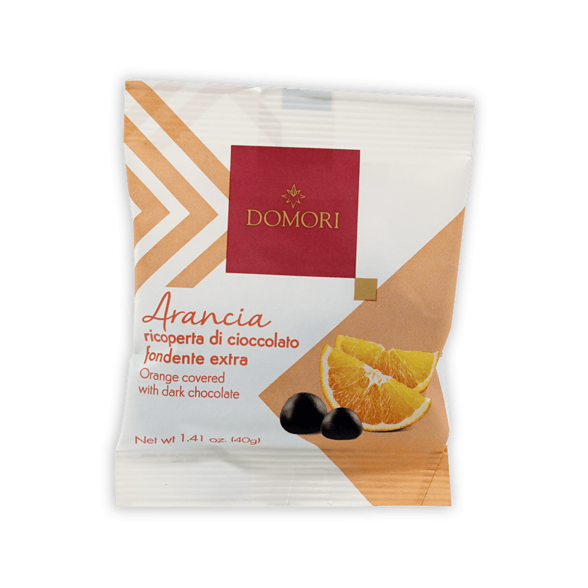 Domori Dragees chocolate covered orange in patterned package