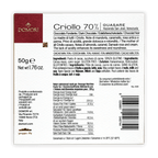 Back of Domori Guasare Criollo 70% 50g dark chocolate bar with white label