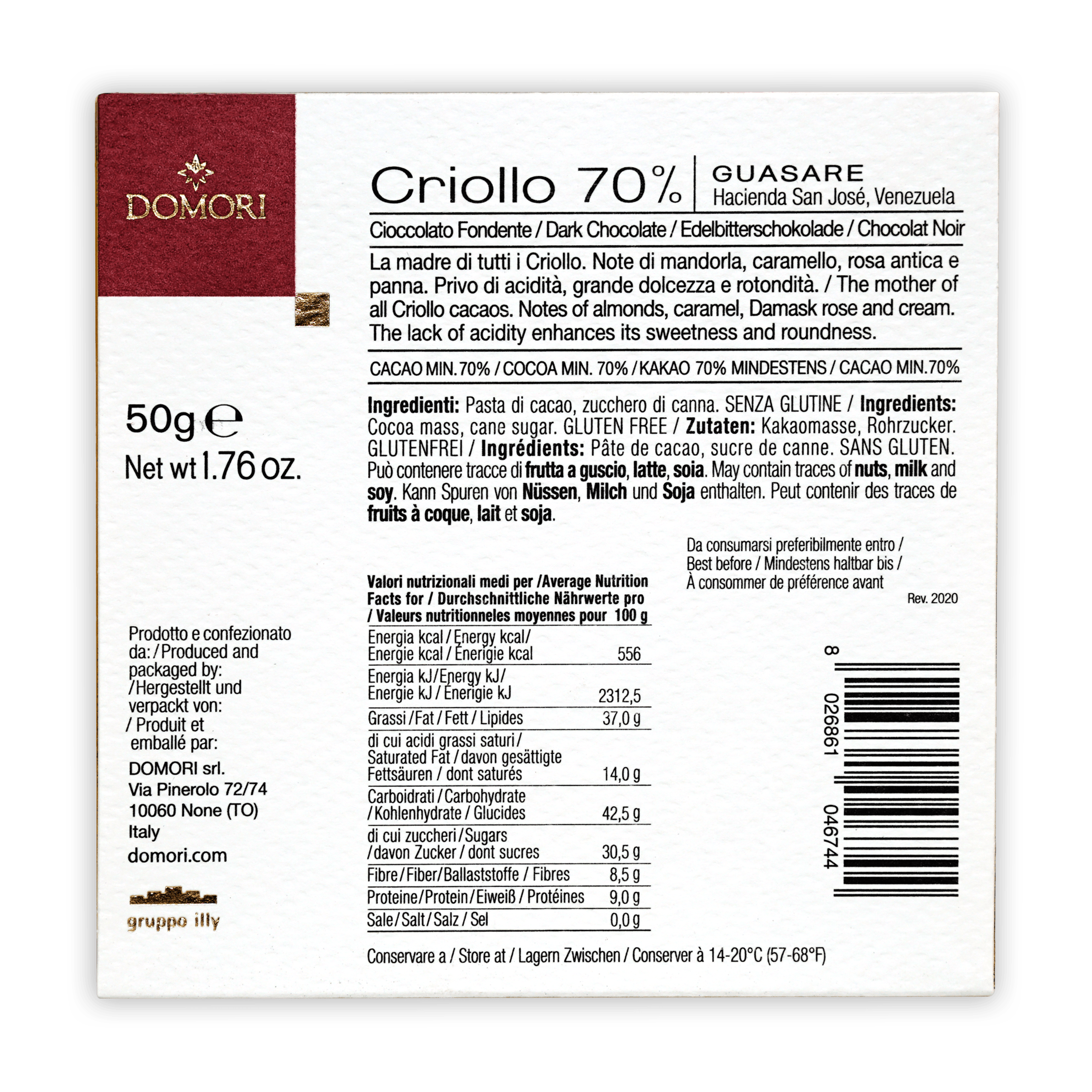 Back of Domori Guasare Criollo 70% 50g dark chocolate bar with white label