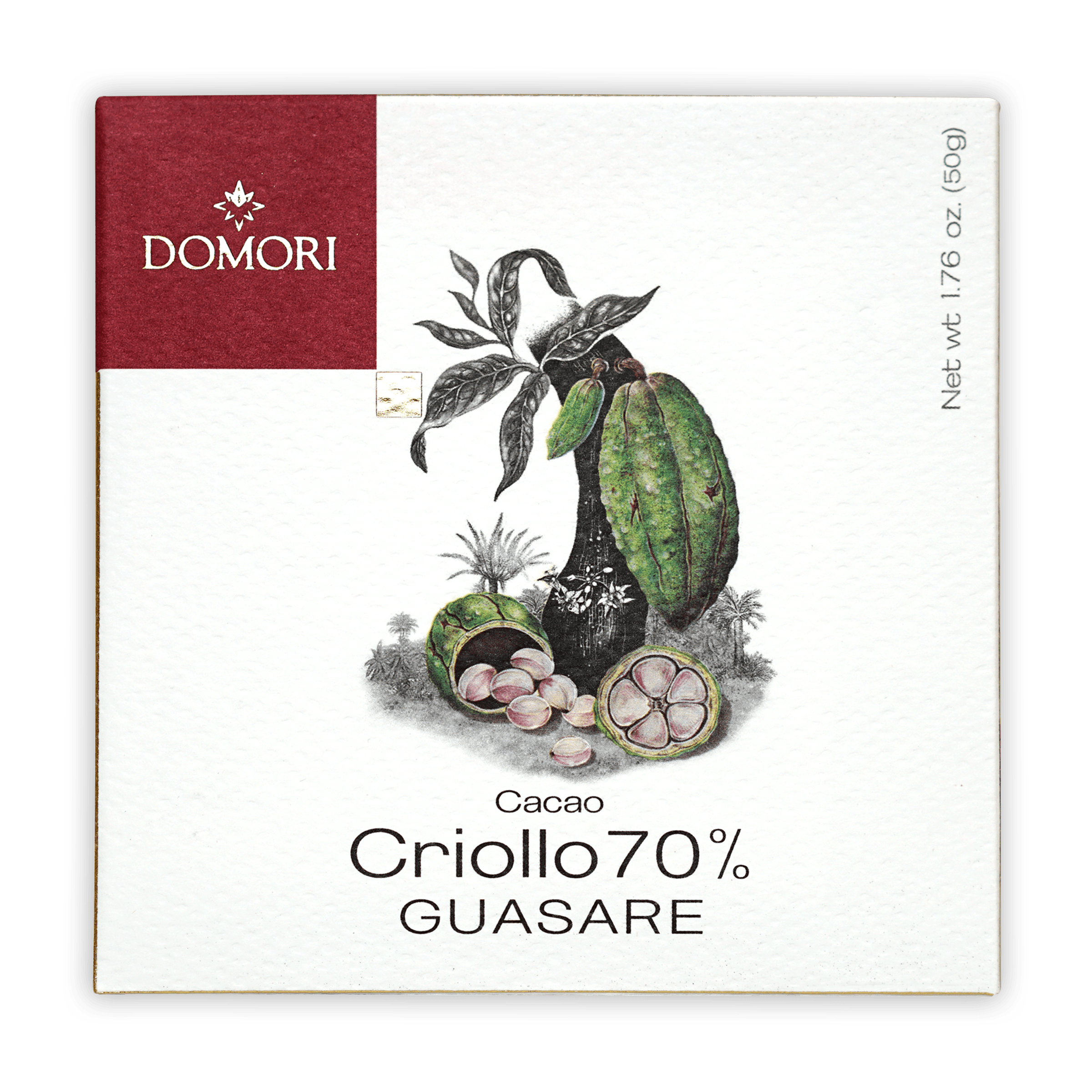 Domori Guasare Criollo 70% cacao bar in white maroon box