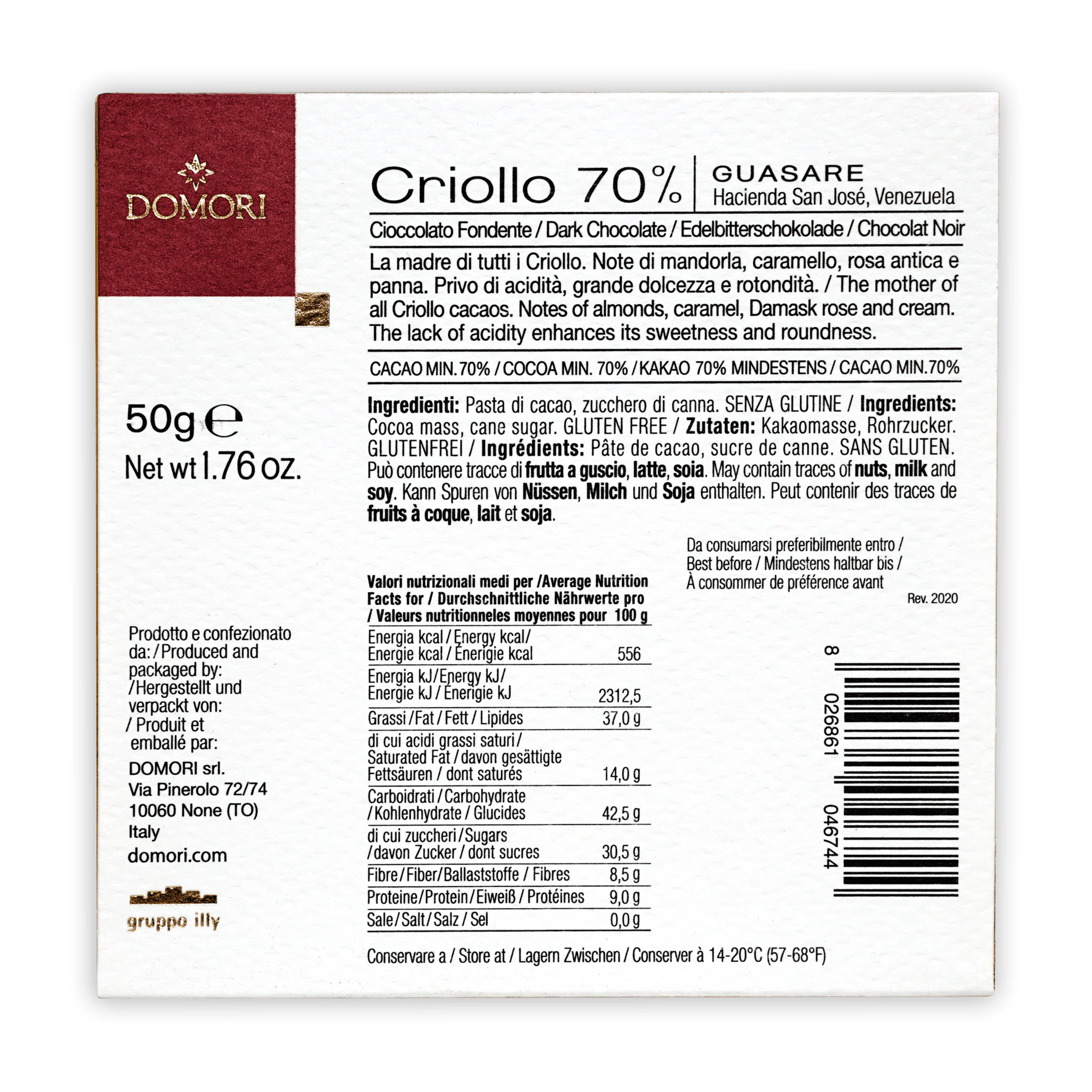Back of Domori Guasare Criollo 70% 50g dark chocolate bar with white label