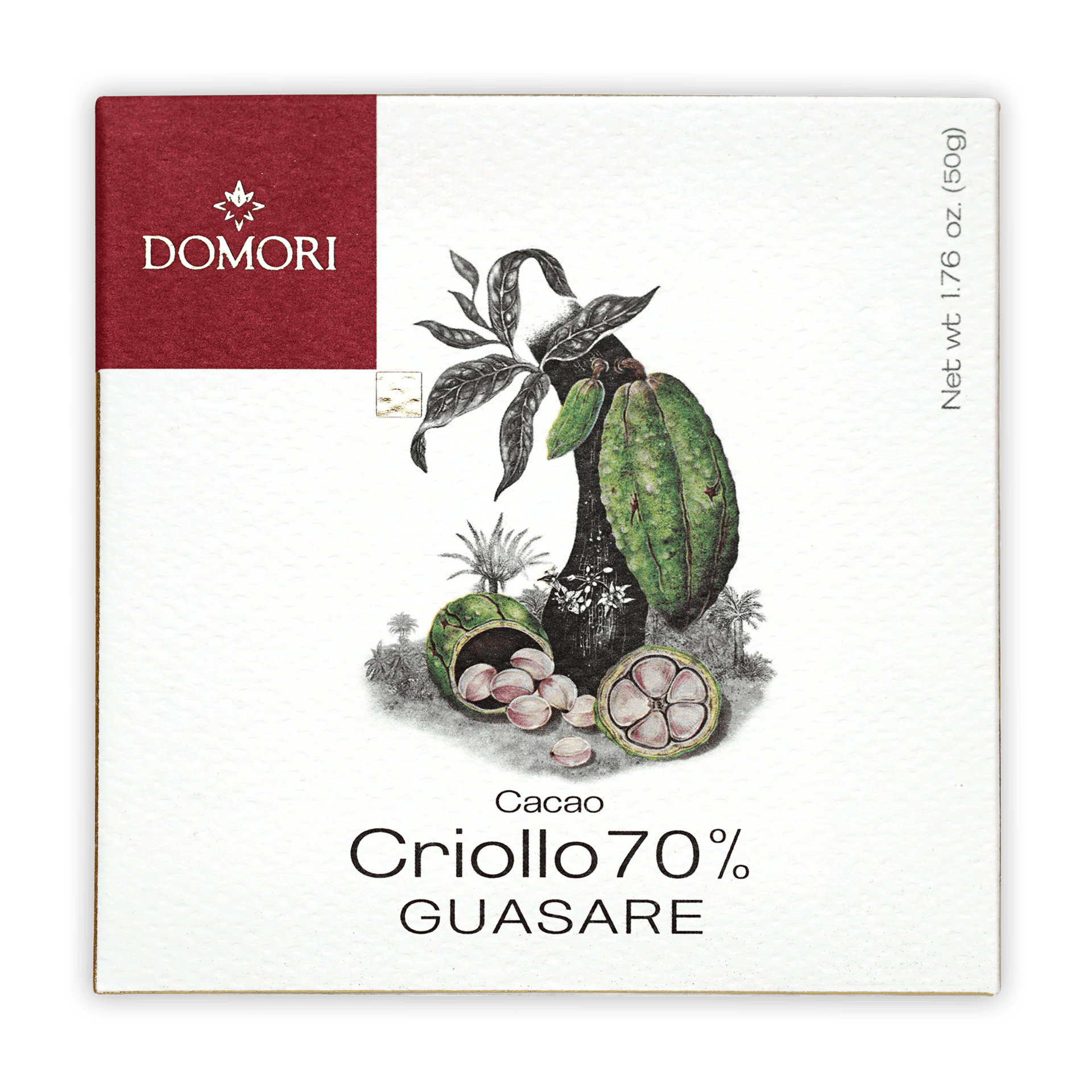 Domori Guasare Criollo 70% cacao bar in white maroon box