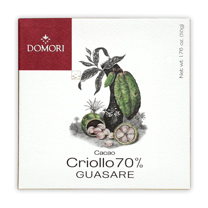 Domori Guasare Criollo 70% cacao bar in white maroon box