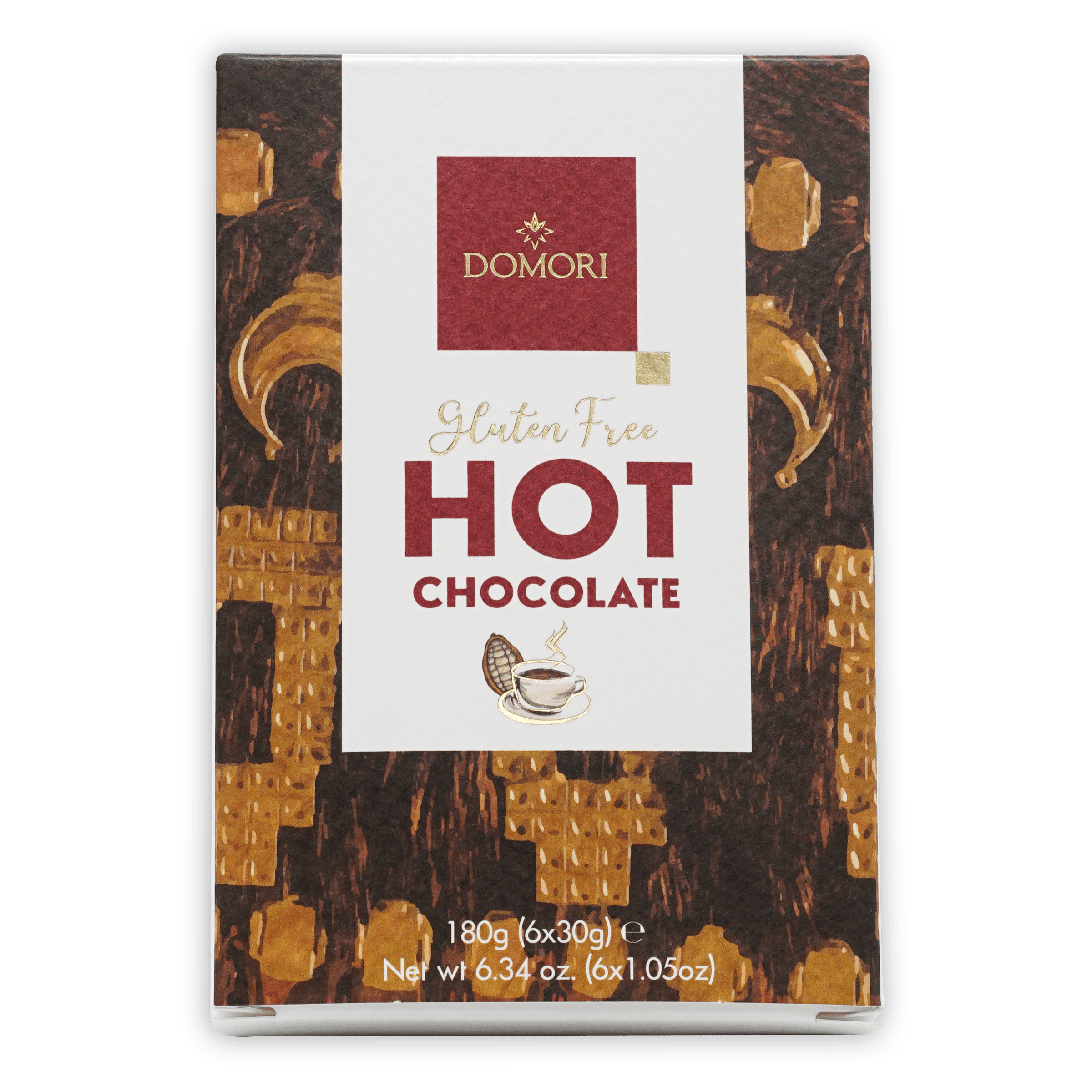 Domori gluten-free hot chocolate mix box with gold brown pattern