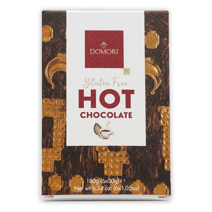 Domori gluten-free hot chocolate mix box with gold brown pattern