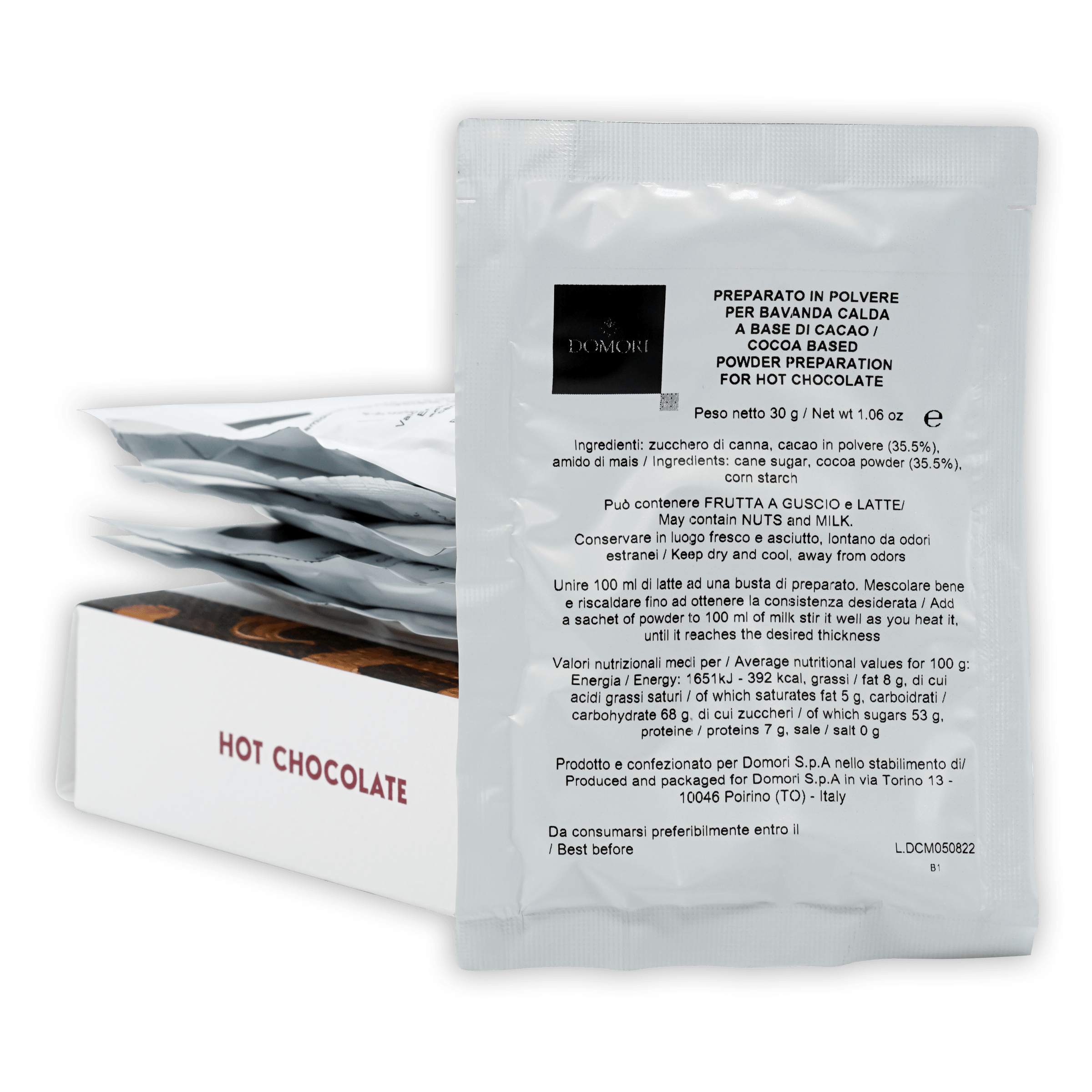 Domori Hot Chocolate Mix: glossy white sachet with black logo