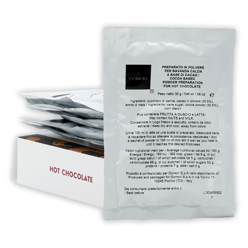 Domori Hot Chocolate Mix: glossy white sachet with black logo