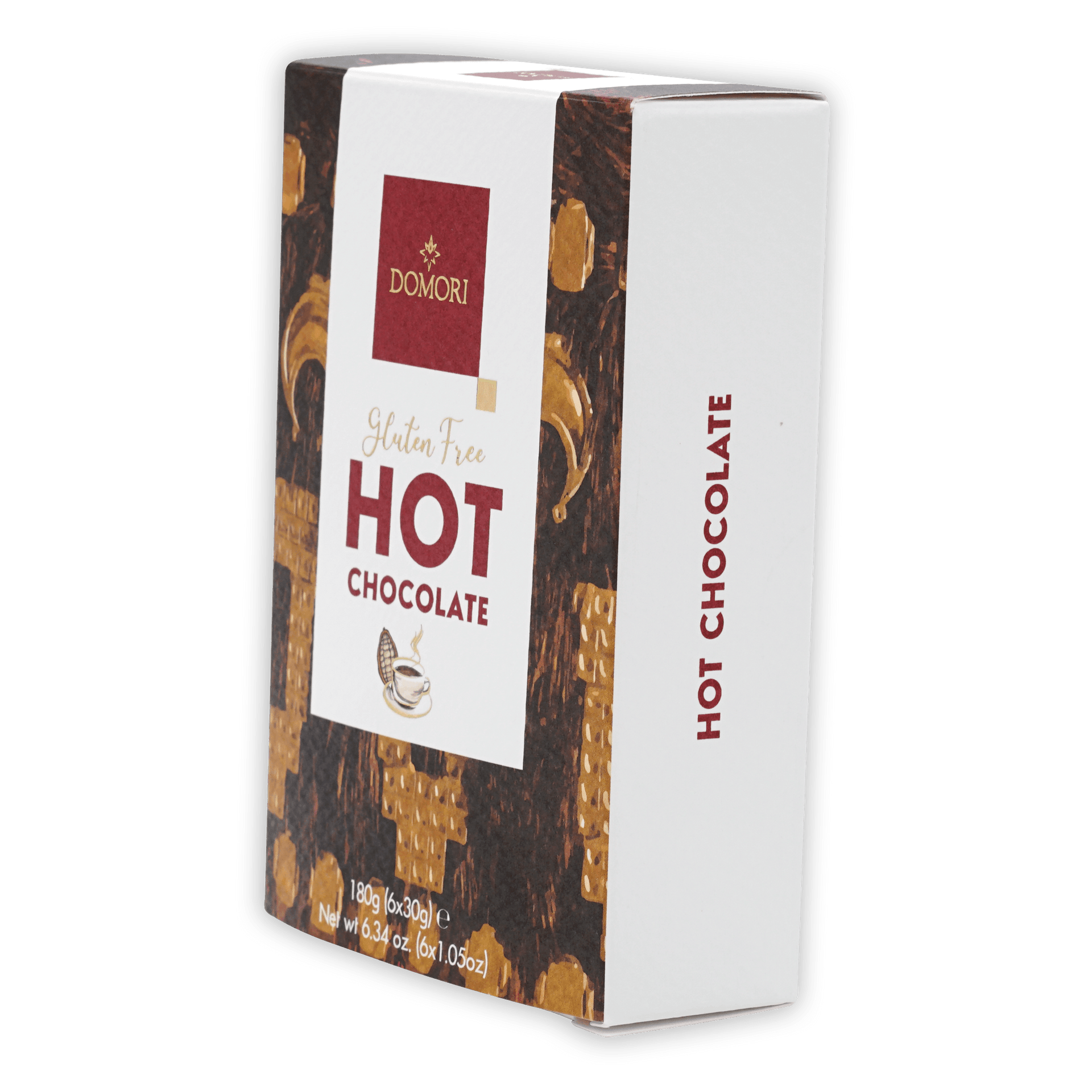 Domori gluten-free hot chocolate mix box, white gold design with steaming cup