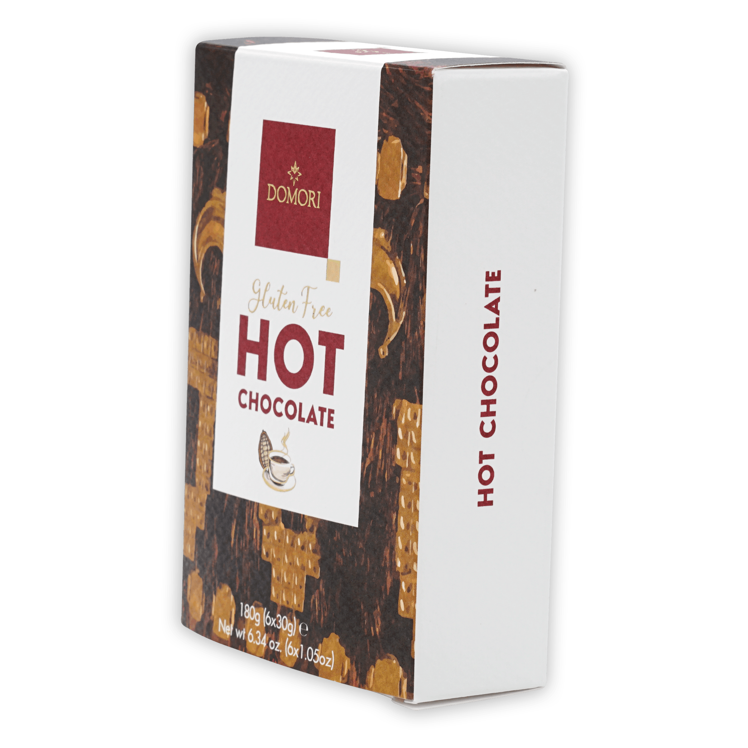 Domori gluten-free hot chocolate mix box, white gold design with steaming cup