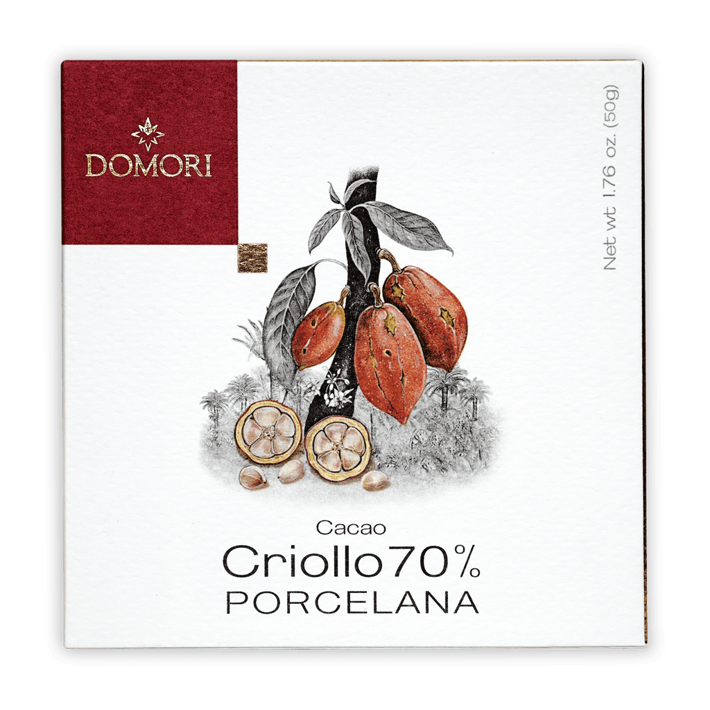 Domori Porcelana Criollo 70% cacao bar in white burgundy box with cocoa pods