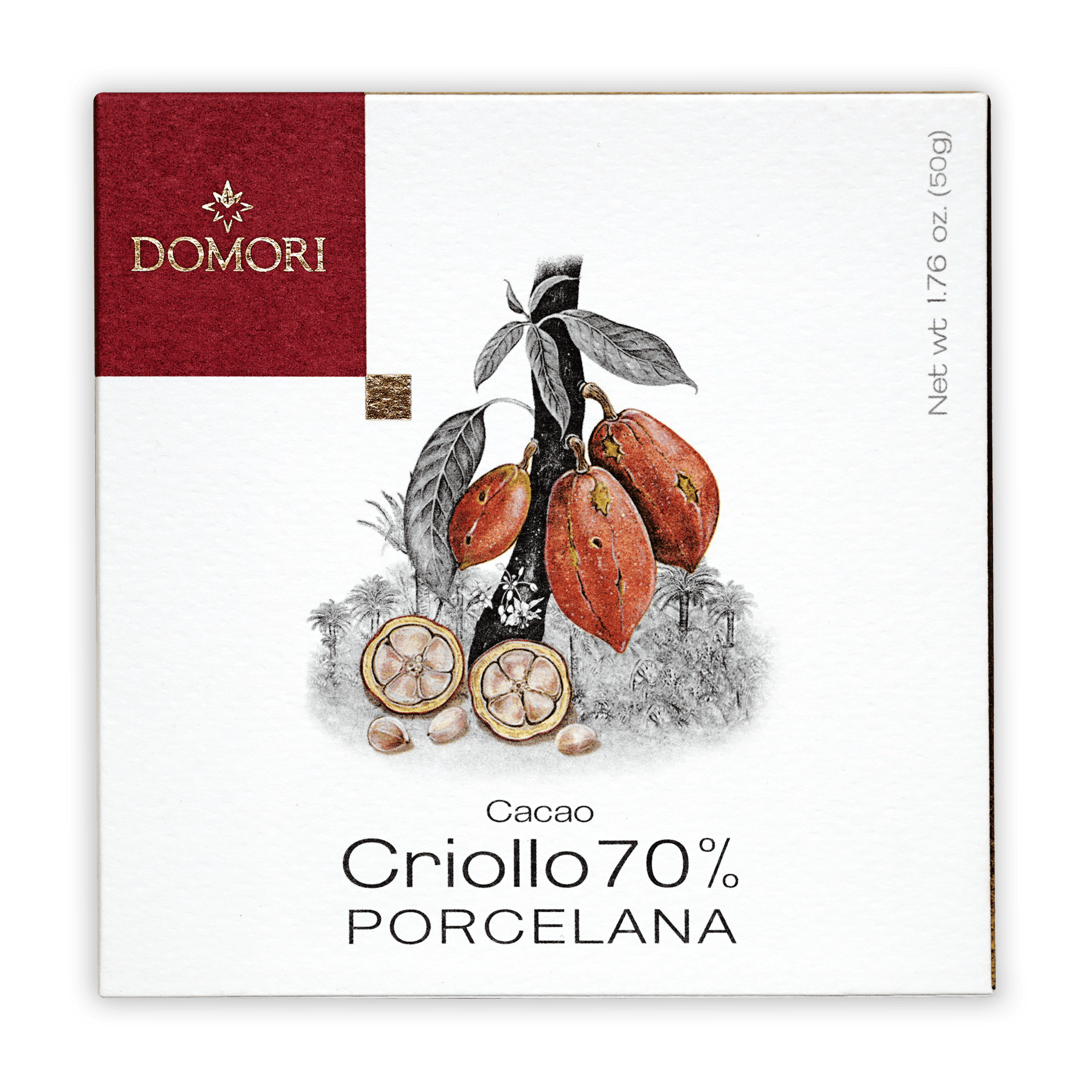 Domori Porcelana Criollo 70% cacao bar in white burgundy box with cocoa pods