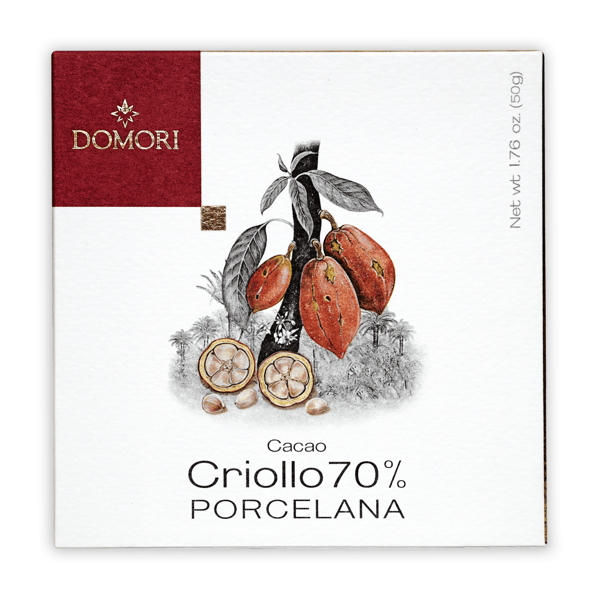 Domori Porcelana Criollo 70% cacao bar in white burgundy box with cocoa pods