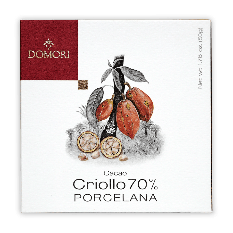 Domori Porcelana Criollo 70% cacao bar in white burgundy box with cocoa pods
