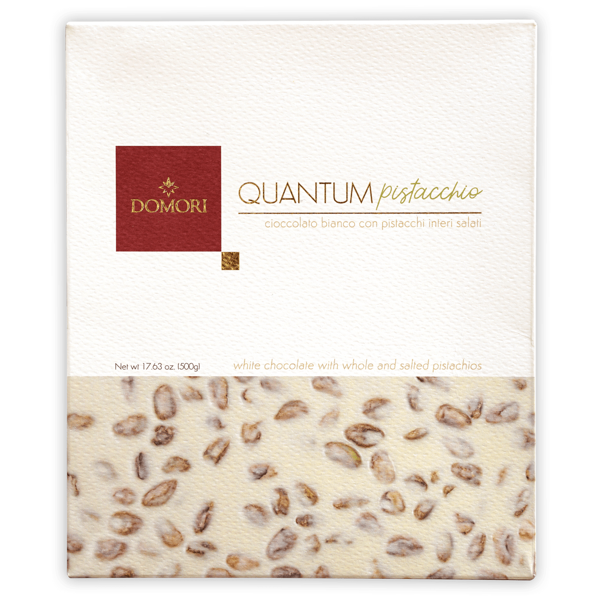 Domori Quantum White Chocolate and Whole Salted Pistachios (500g)