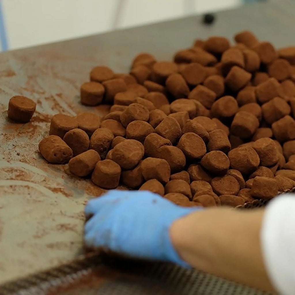Domori Truffles (Tartufo) 10 pcs: pile of dark brown round truffles