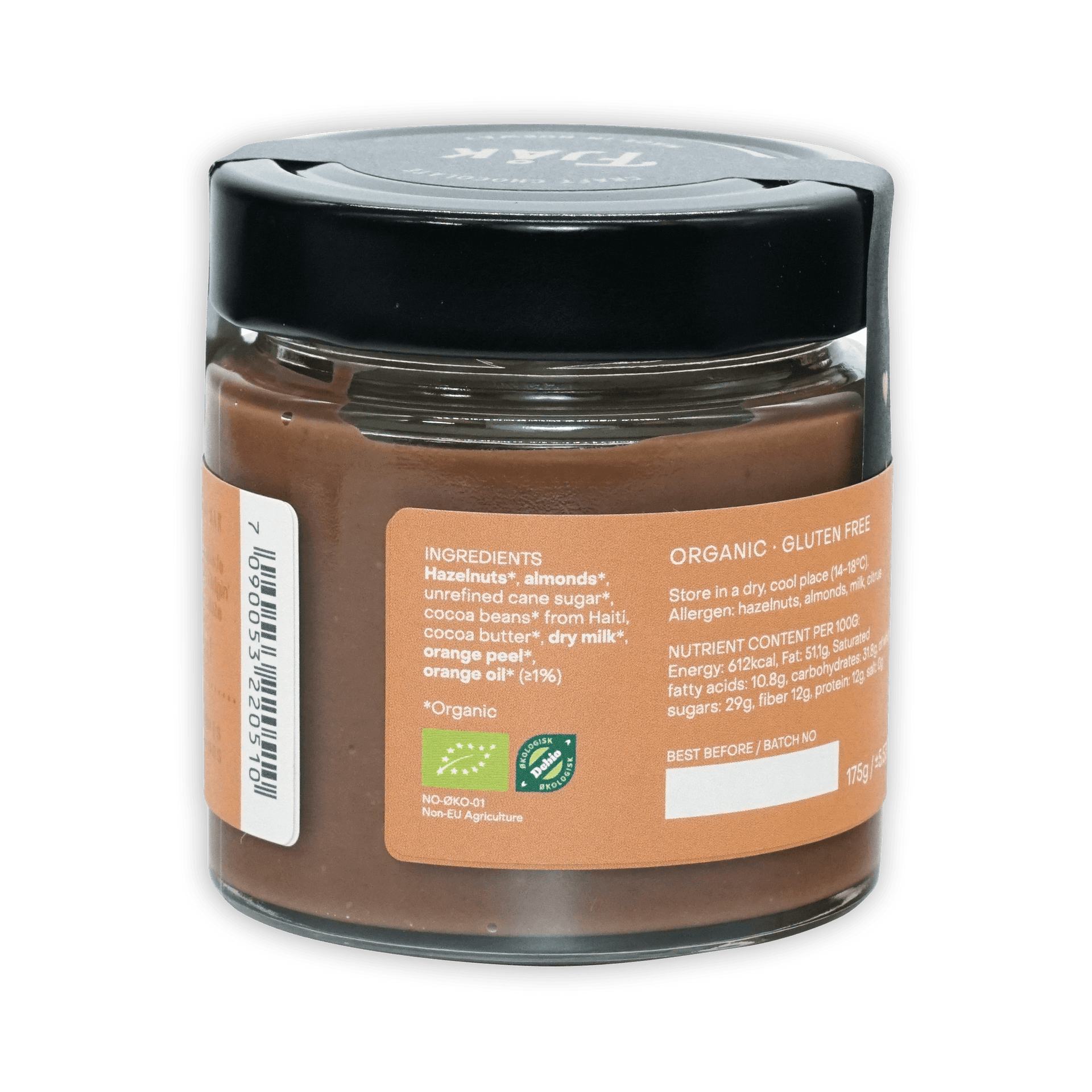 Fjåk organic gluten-free hazelnut almond spread jar with black lid