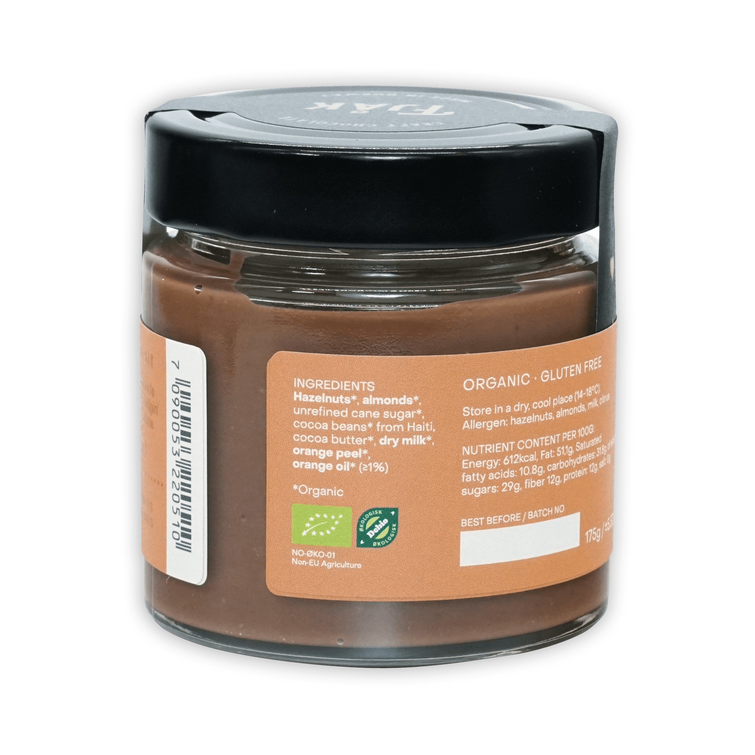 Fjåk organic gluten-free hazelnut almond spread jar with black lid