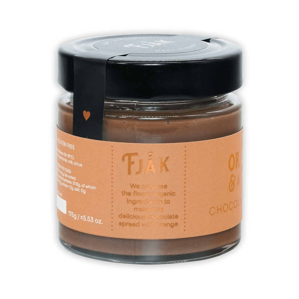 Fjåk organic chocolate spread with orange and almonds in glass jar