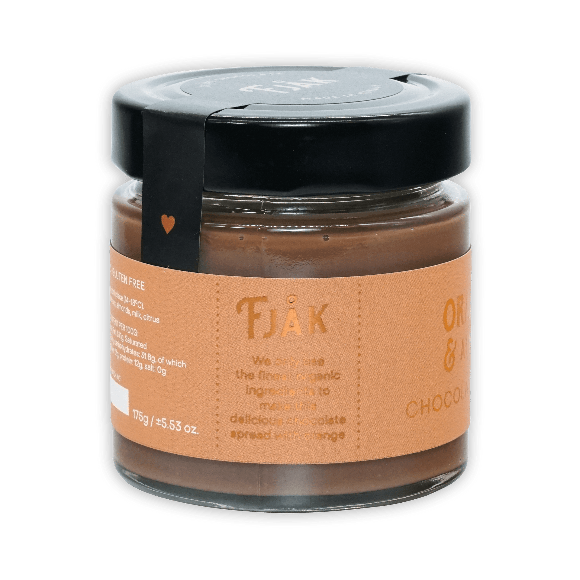 Fjåk organic chocolate spread with orange and almonds in glass jar