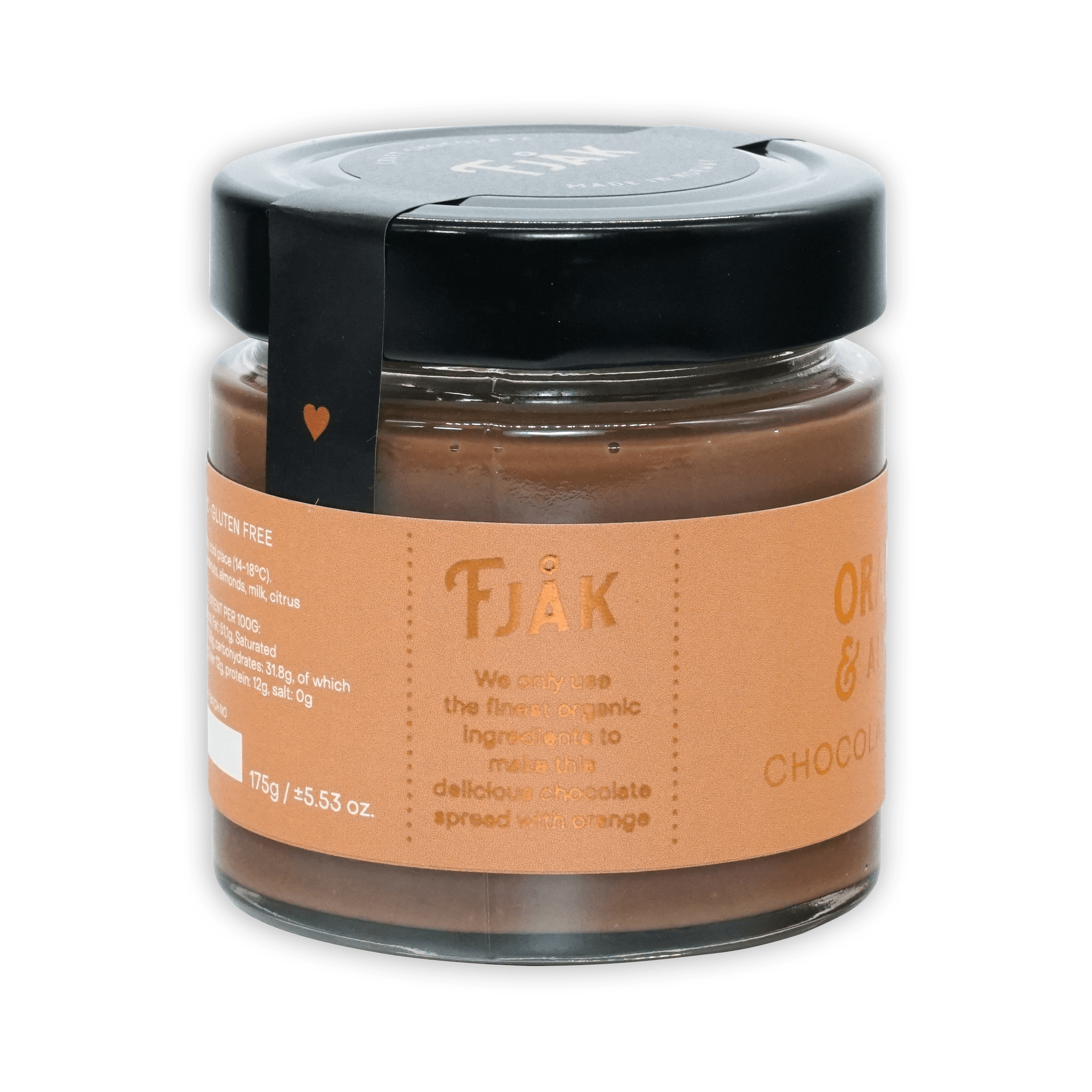Fjåk organic chocolate spread with orange and almonds in glass jar