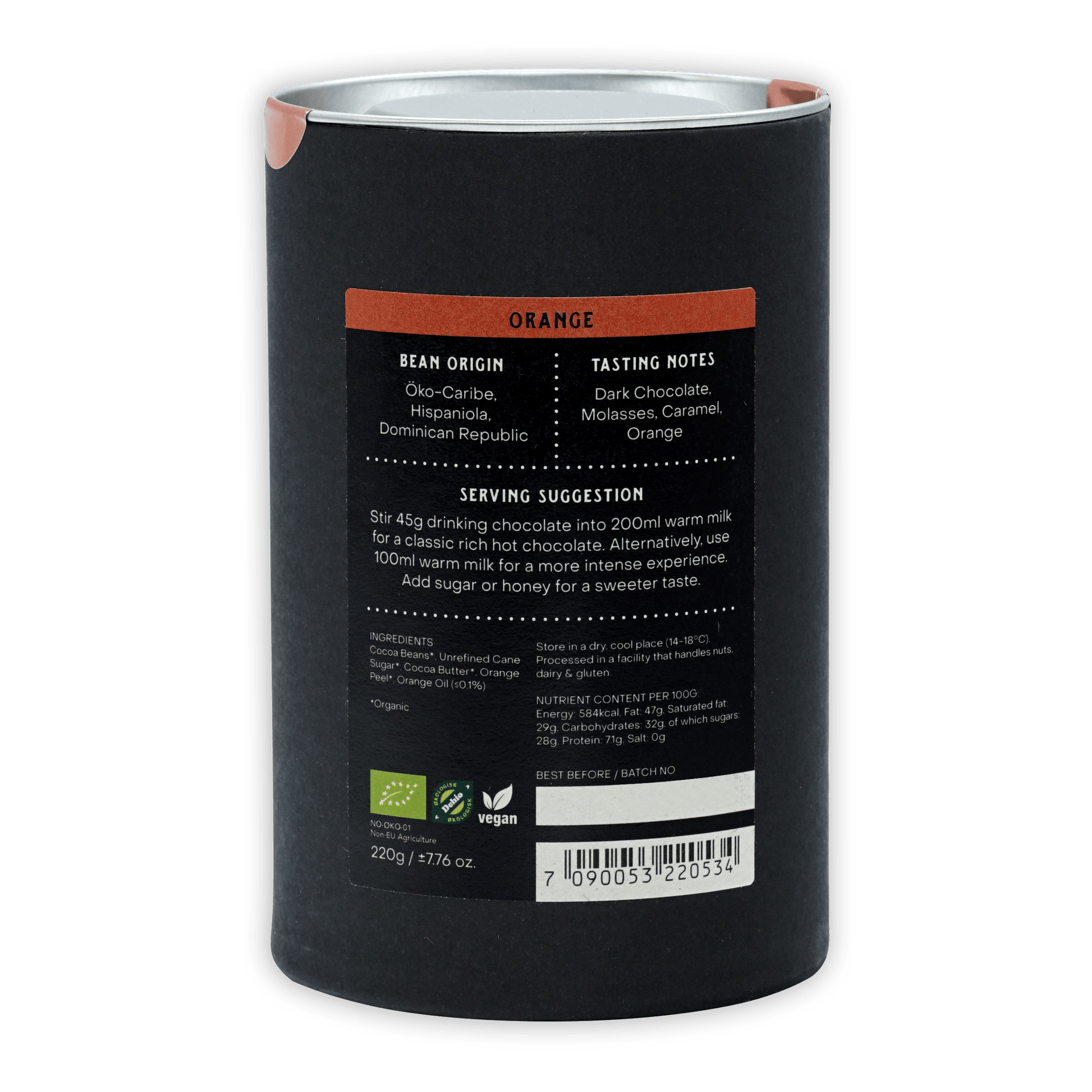 Fjåk Drinking Chocolate Dark Orange 70% black matte can with orange label