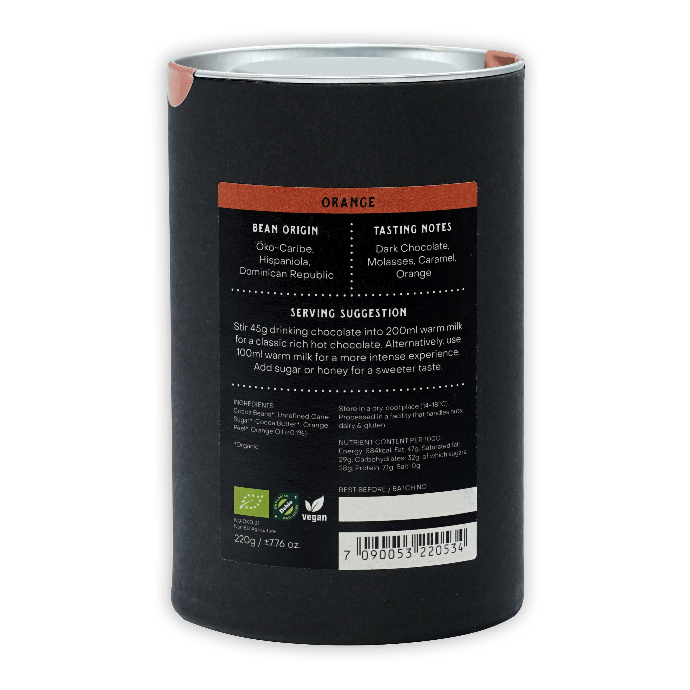 Fjåk Drinking Chocolate Dark Orange 70% black matte can with orange label
