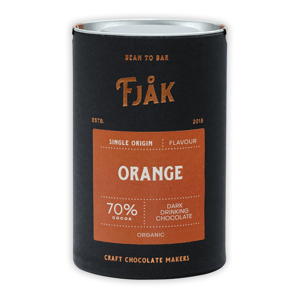Fjåk 70% dark orange drinking chocolate black tin, organic single origin