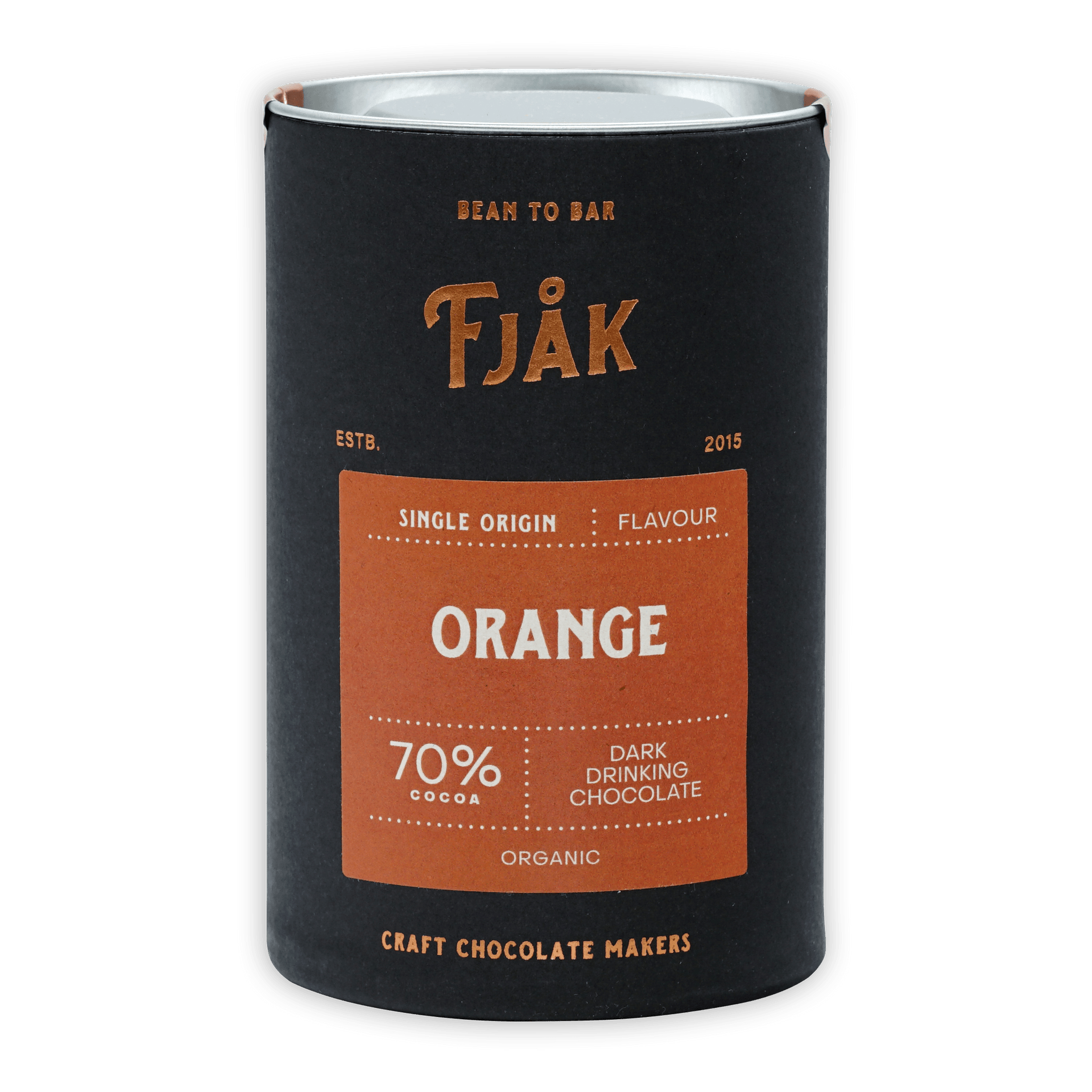Fjåk 70% dark orange drinking chocolate black tin, organic single origin