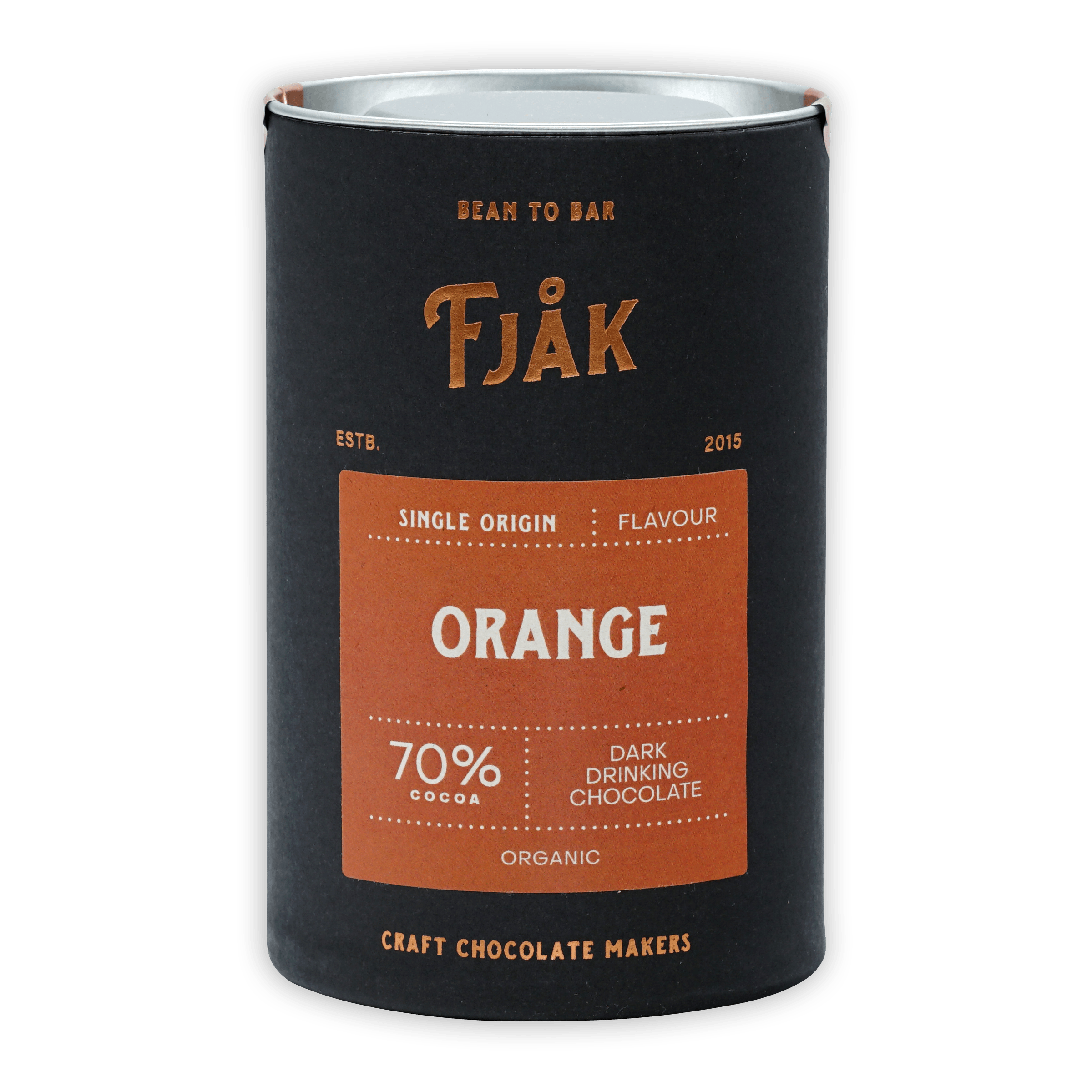 Fjåk 70% dark orange drinking chocolate black tin, organic single origin