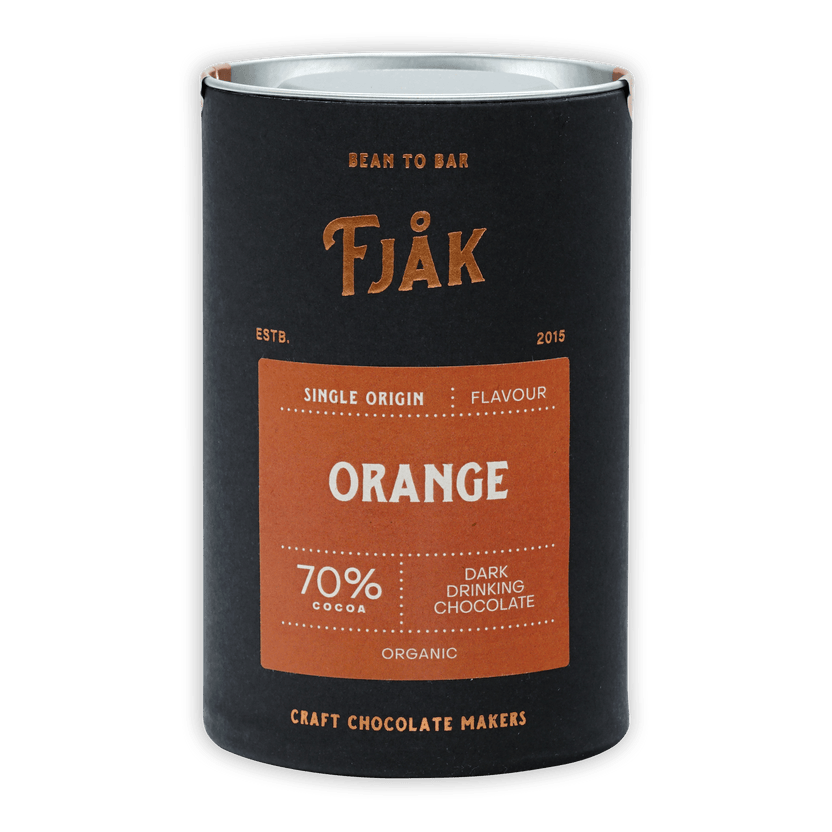 Fjåk 70% dark orange drinking chocolate black tin, organic single origin
