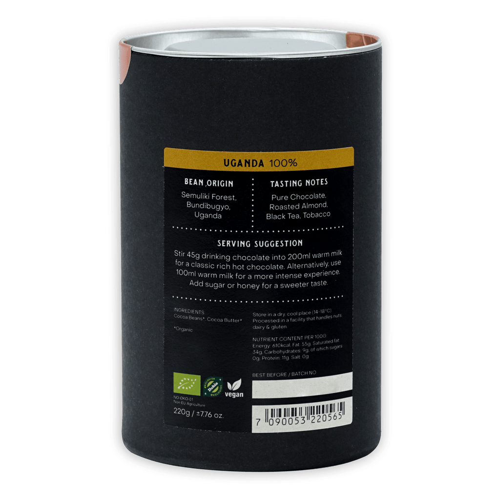 Fjåk Drinking Chocolate Dark Uganda 100% in black cylindrical container