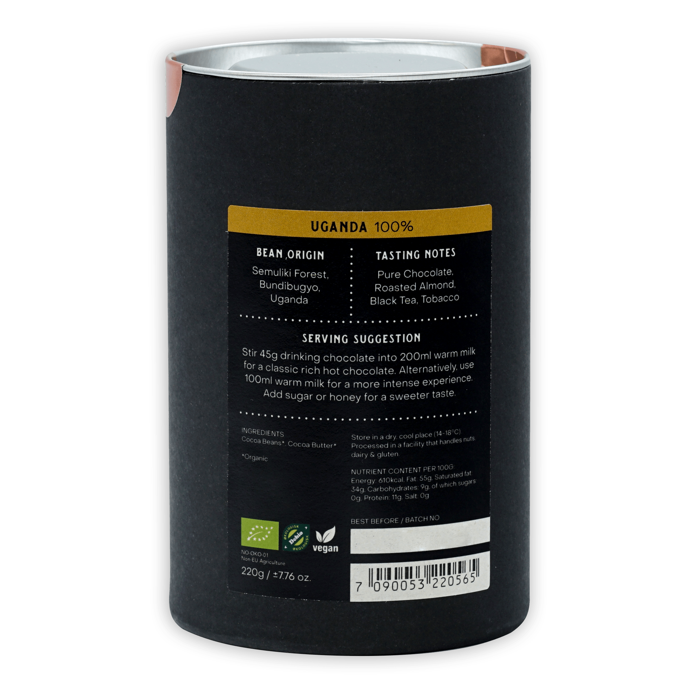 Fjåk Drinking Chocolate Dark Uganda 100% in black cylindrical container