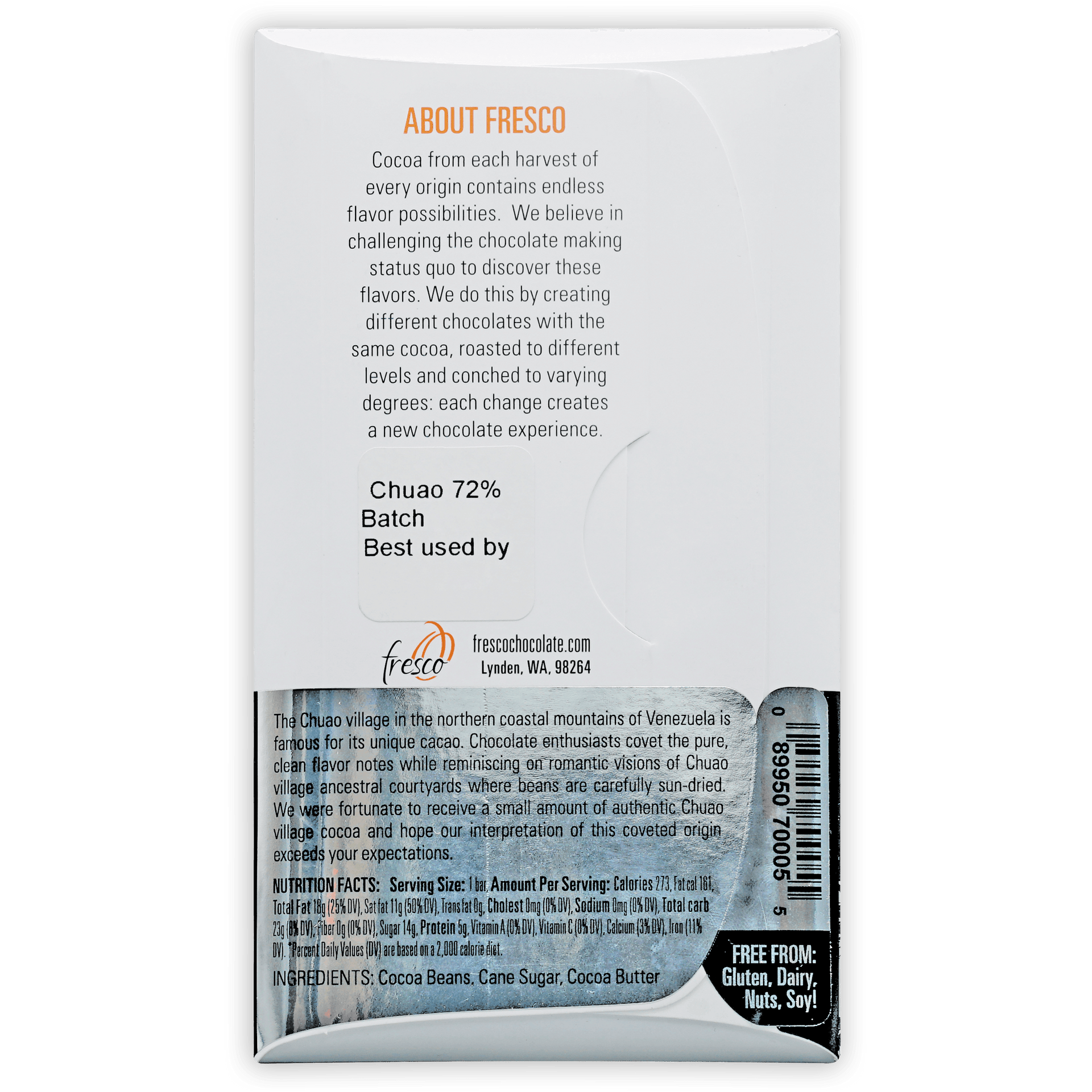 Fresco Chuao Venezuela 72% chocolate bar wrapper with 72% chuao cocoa batch