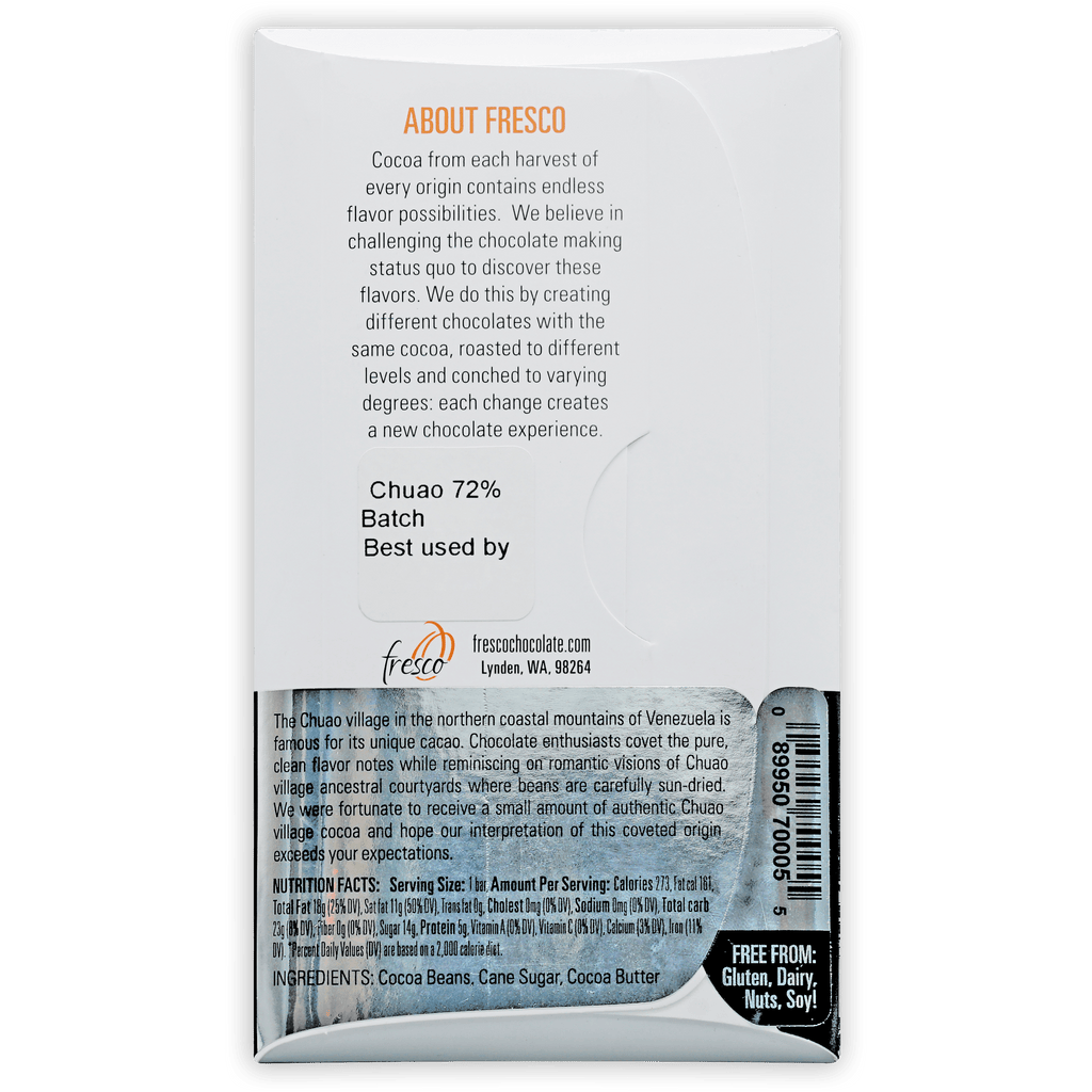 Fresco Chuao Venezuela 72% chocolate bar wrapper with 72% chuao cocoa batch