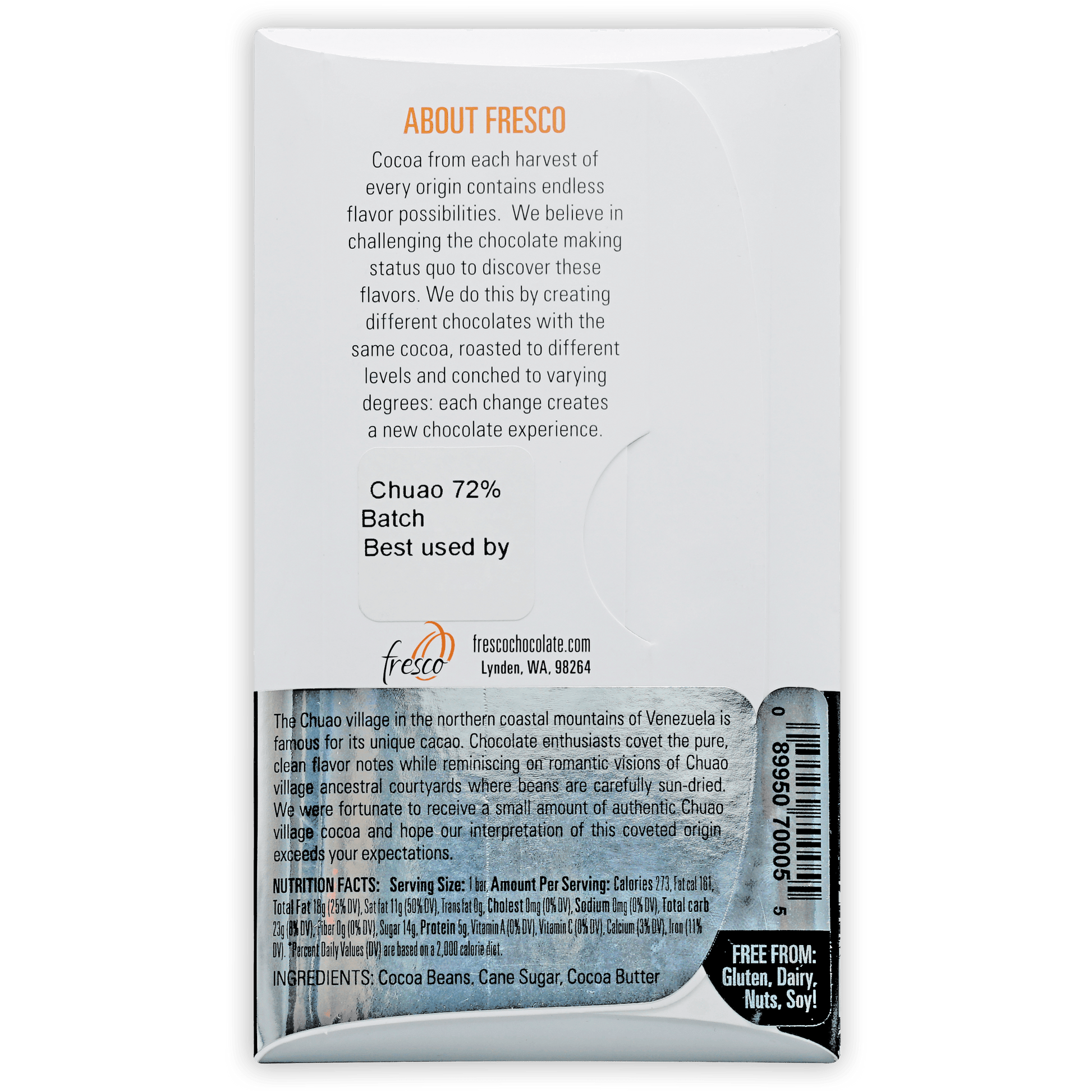 Fresco Chuao Venezuela 72% chocolate bar wrapper with 72% chuao cocoa batch