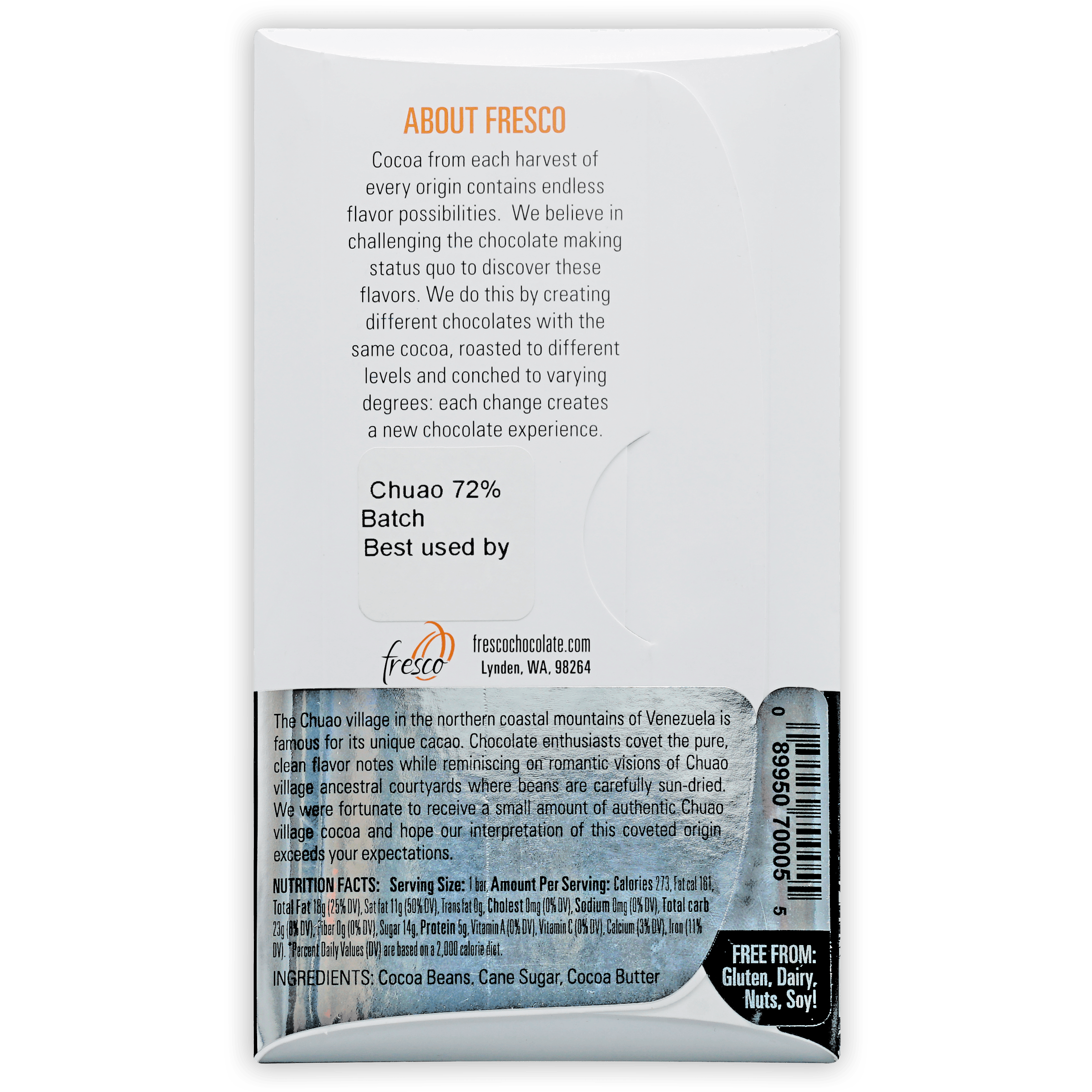 Fresco Chuao Venezuela 72% chocolate bar wrapper with 72% chuao cocoa batch