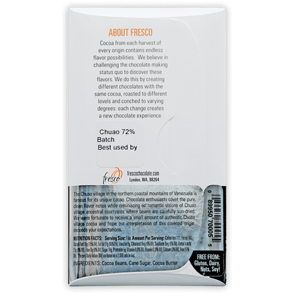 Fresco Chuao Venezuela 72% chocolate bar wrapper with 72% chuao cocoa batch