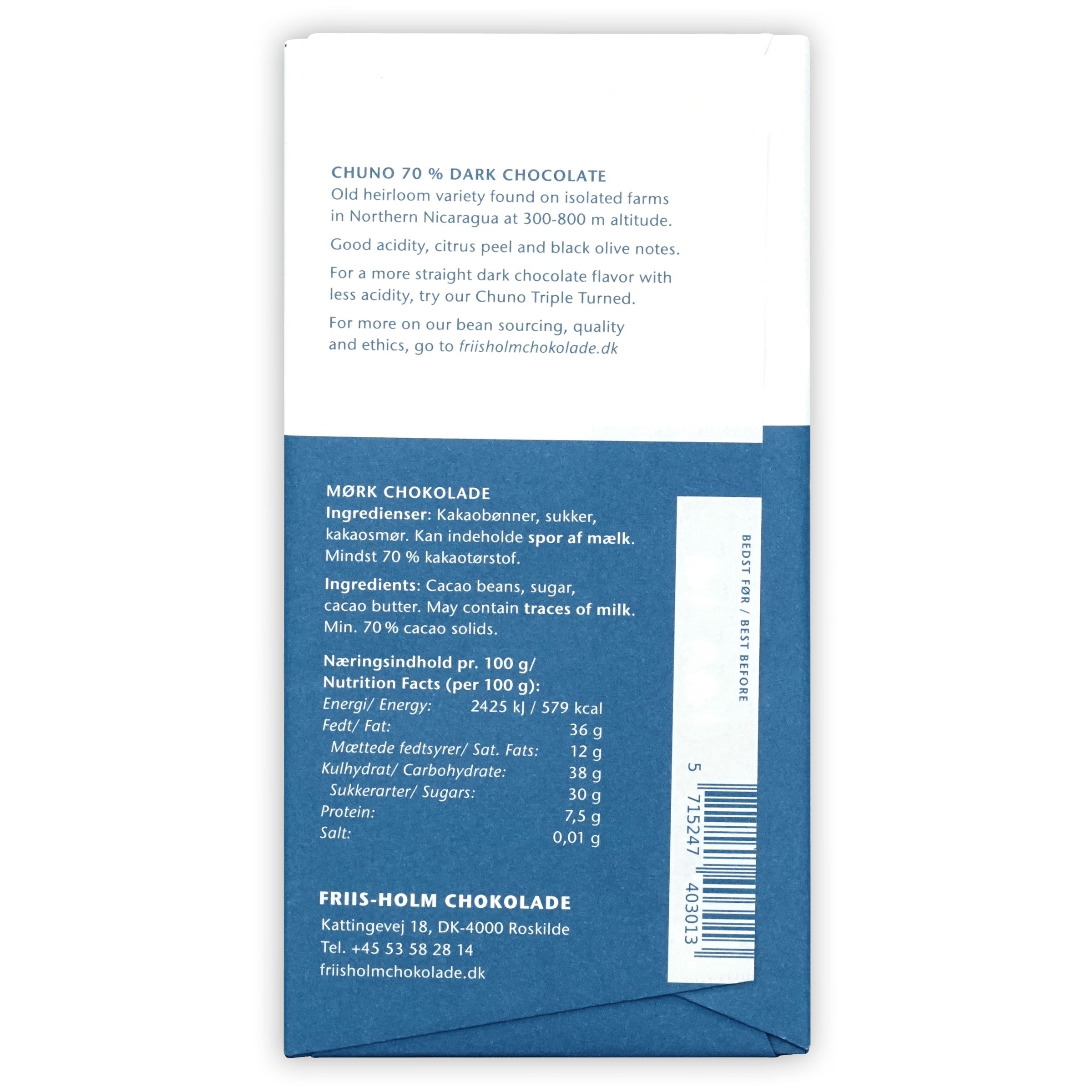Friis Holm Dark Chuno Double Turned Nicaragua 70% dark chocolate bar packaging