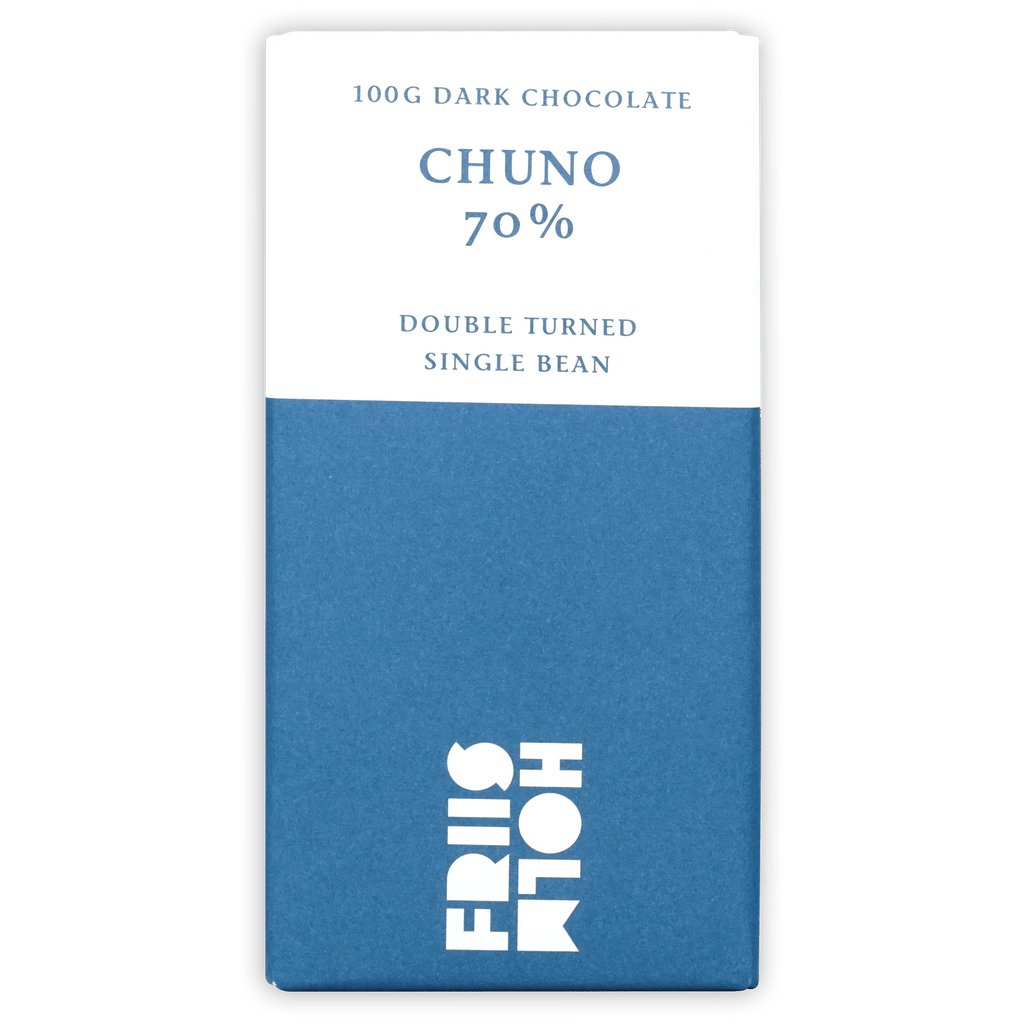 Friis Holm Chuno 70% dark chocolate bar wrapper, blue and white