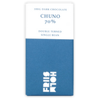 Friis Holm Chuno 70% dark chocolate bar wrapper, blue and white