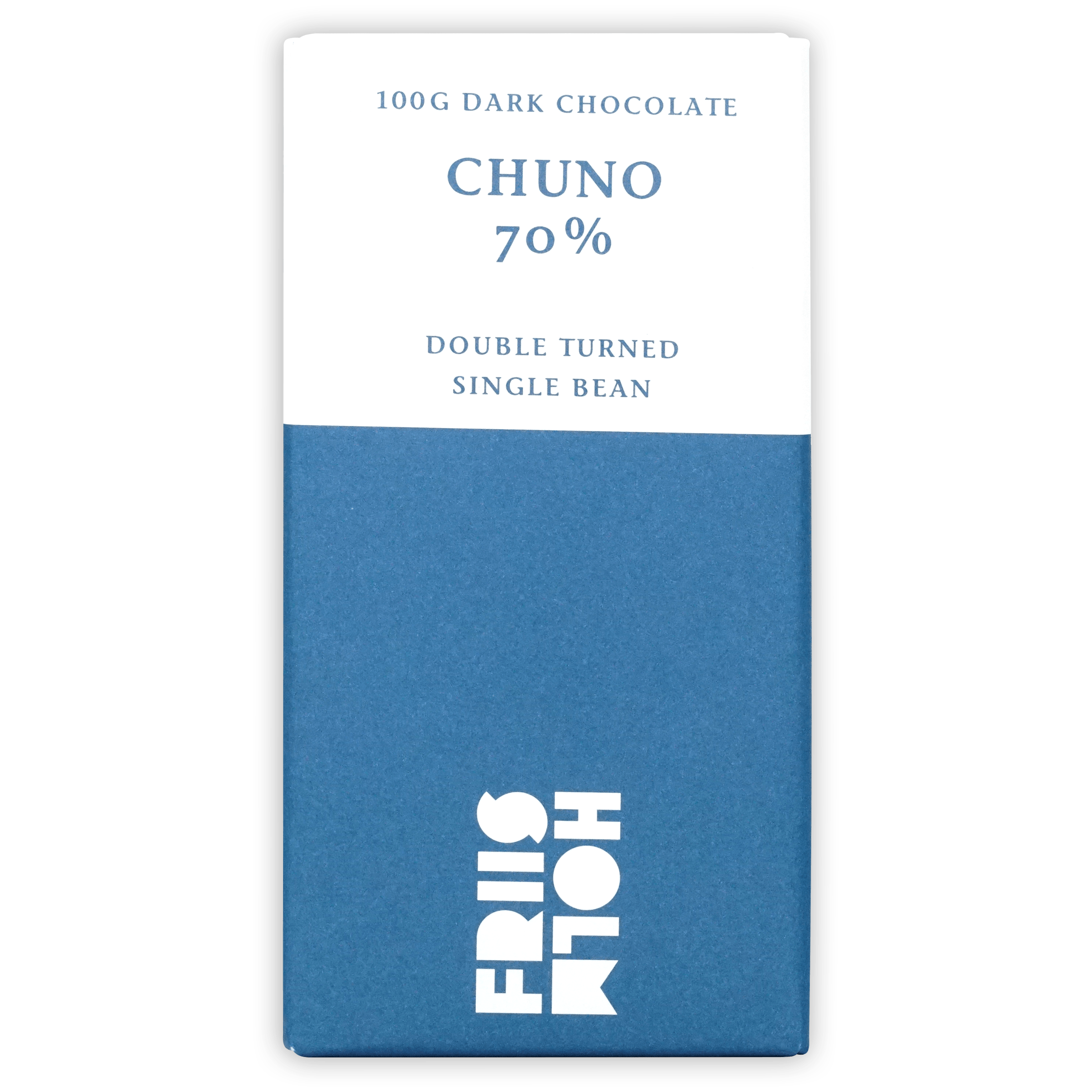 Friis Holm Chuno 70% dark chocolate bar wrapper, blue and white