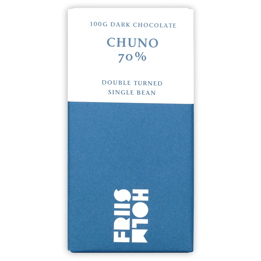 Friis Holm Chuno 70% dark chocolate bar wrapper, blue and white