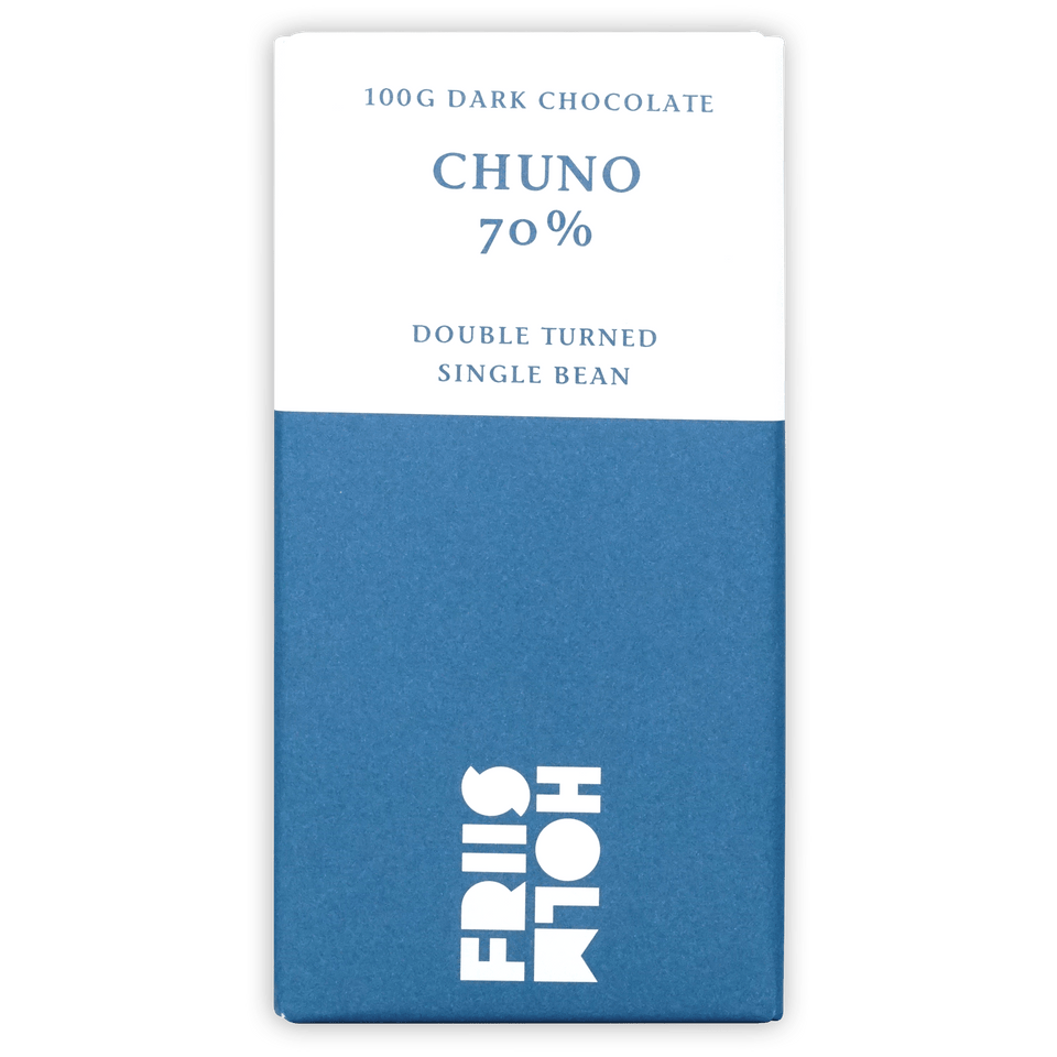 Friis Holm Chuno 70% dark chocolate bar wrapper, blue and white