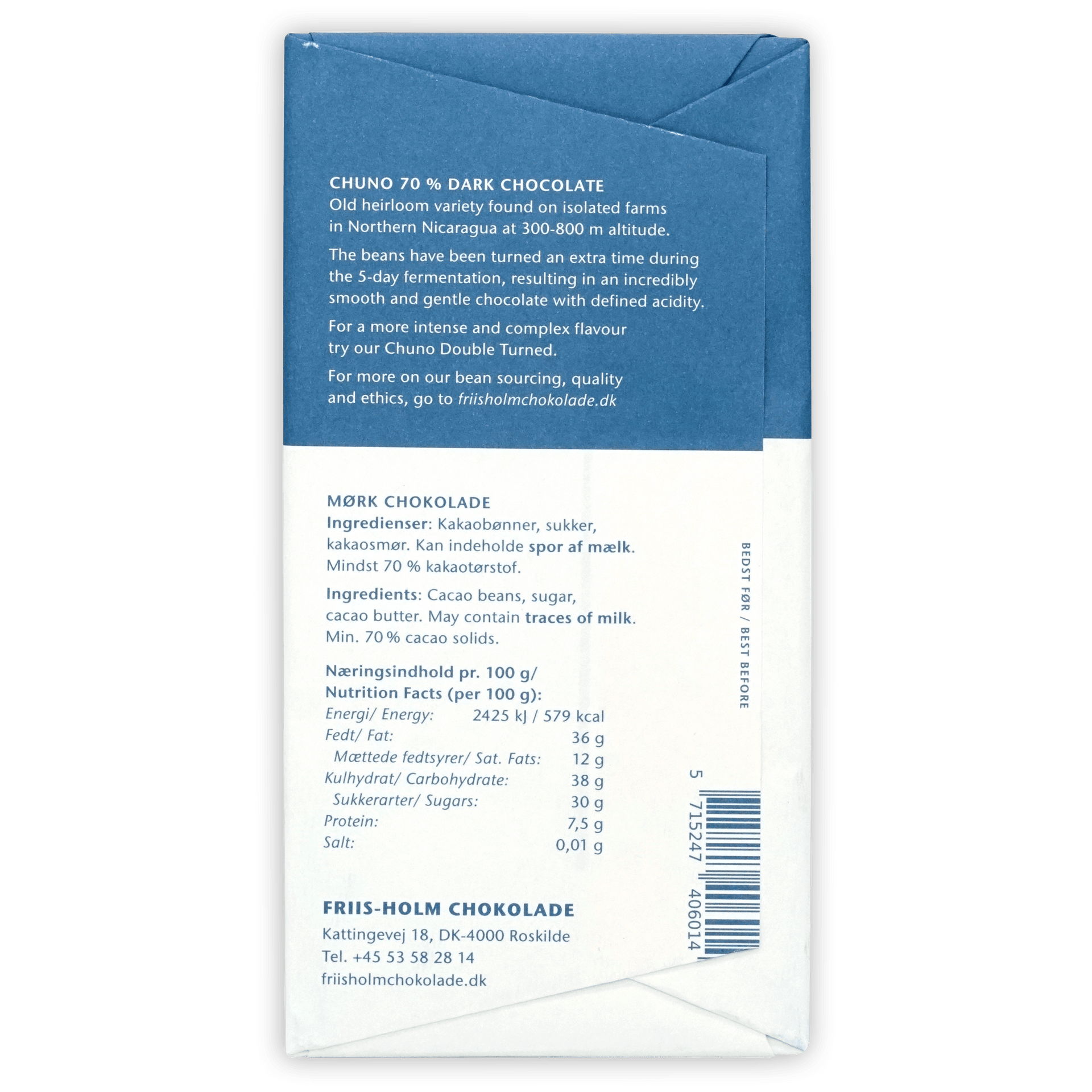 Friis-Holm Dark Chuno Triple Turned 70% blue white chocolate bar