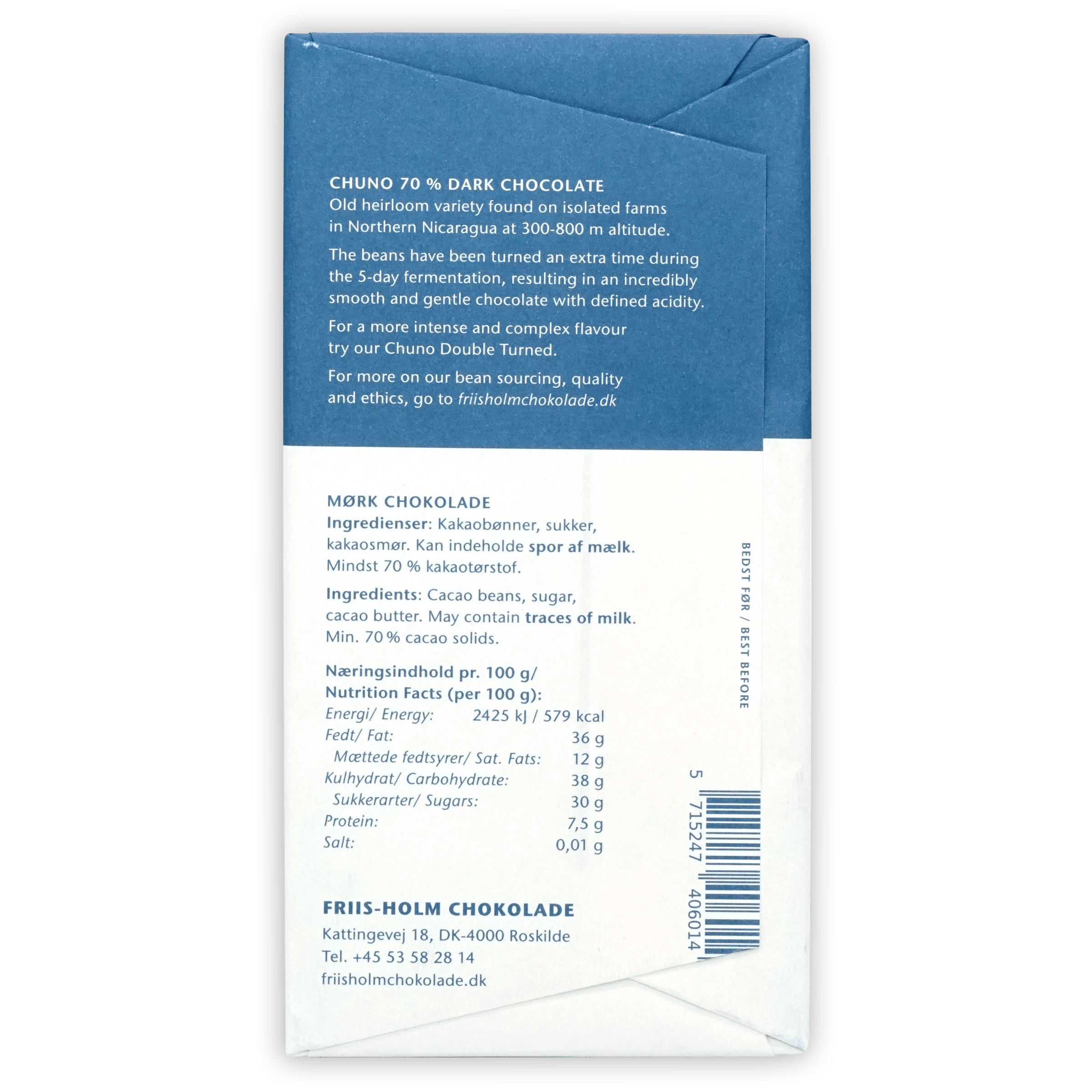 Friis-Holm Dark Chuno Triple Turned 70% blue white chocolate bar