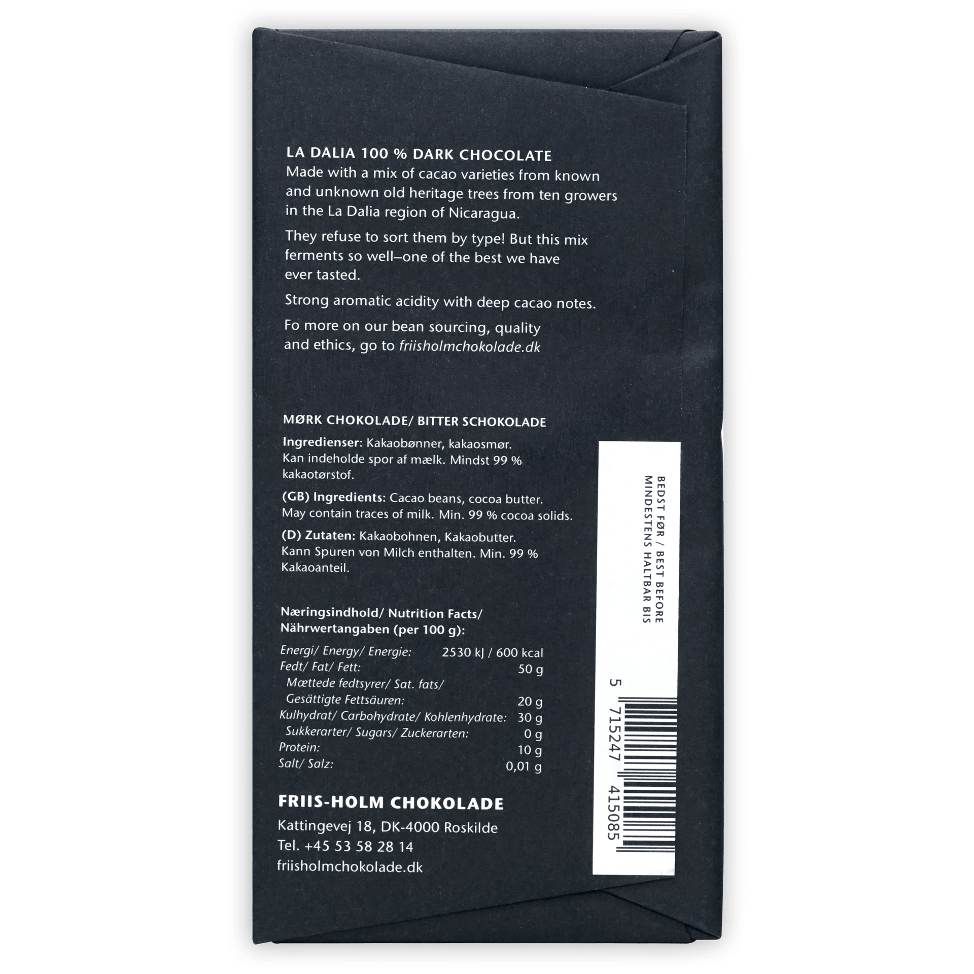 Friis Holm La Dalia 100% dark chocolate bar in black package