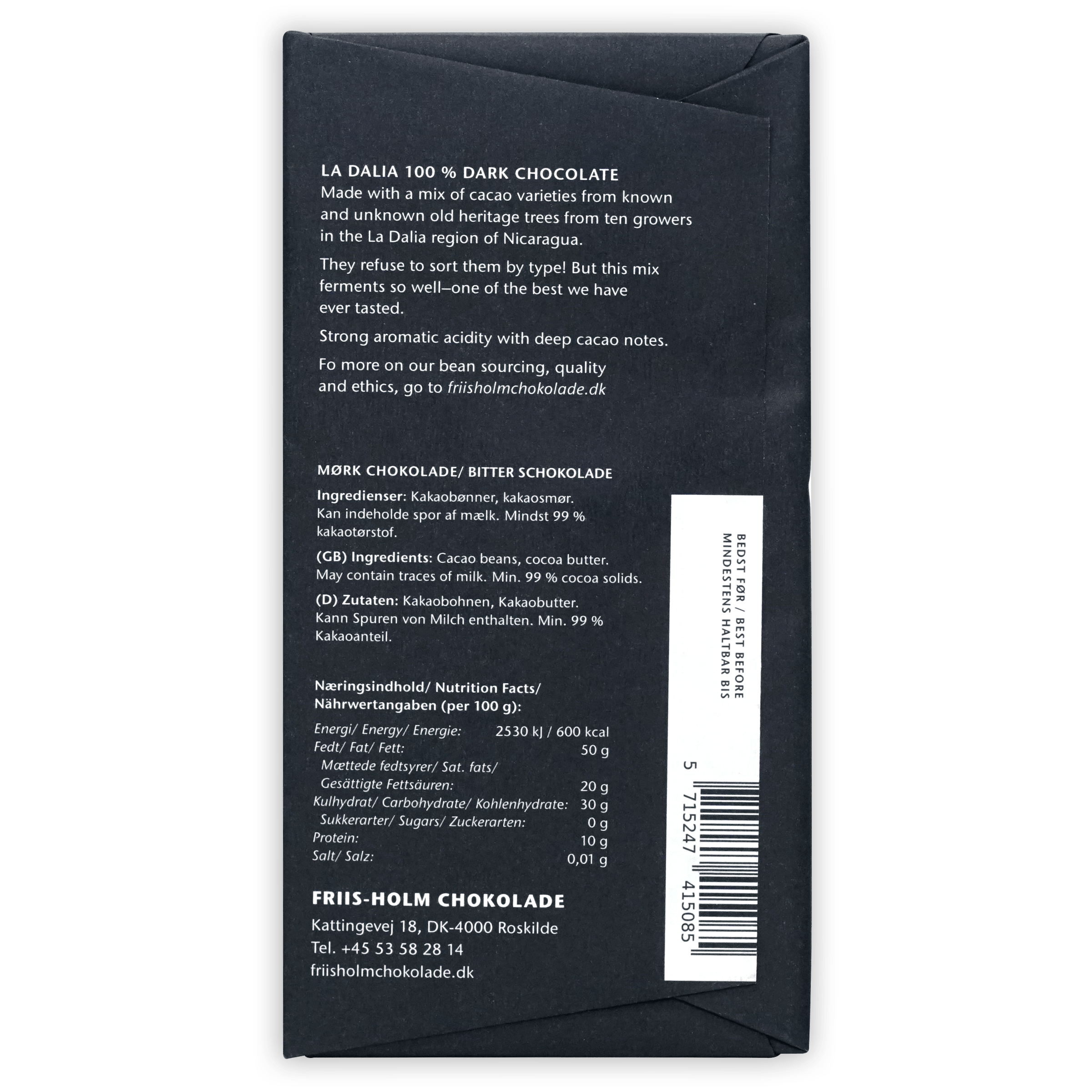 Friis Holm La Dalia 100% dark chocolate bar in black package