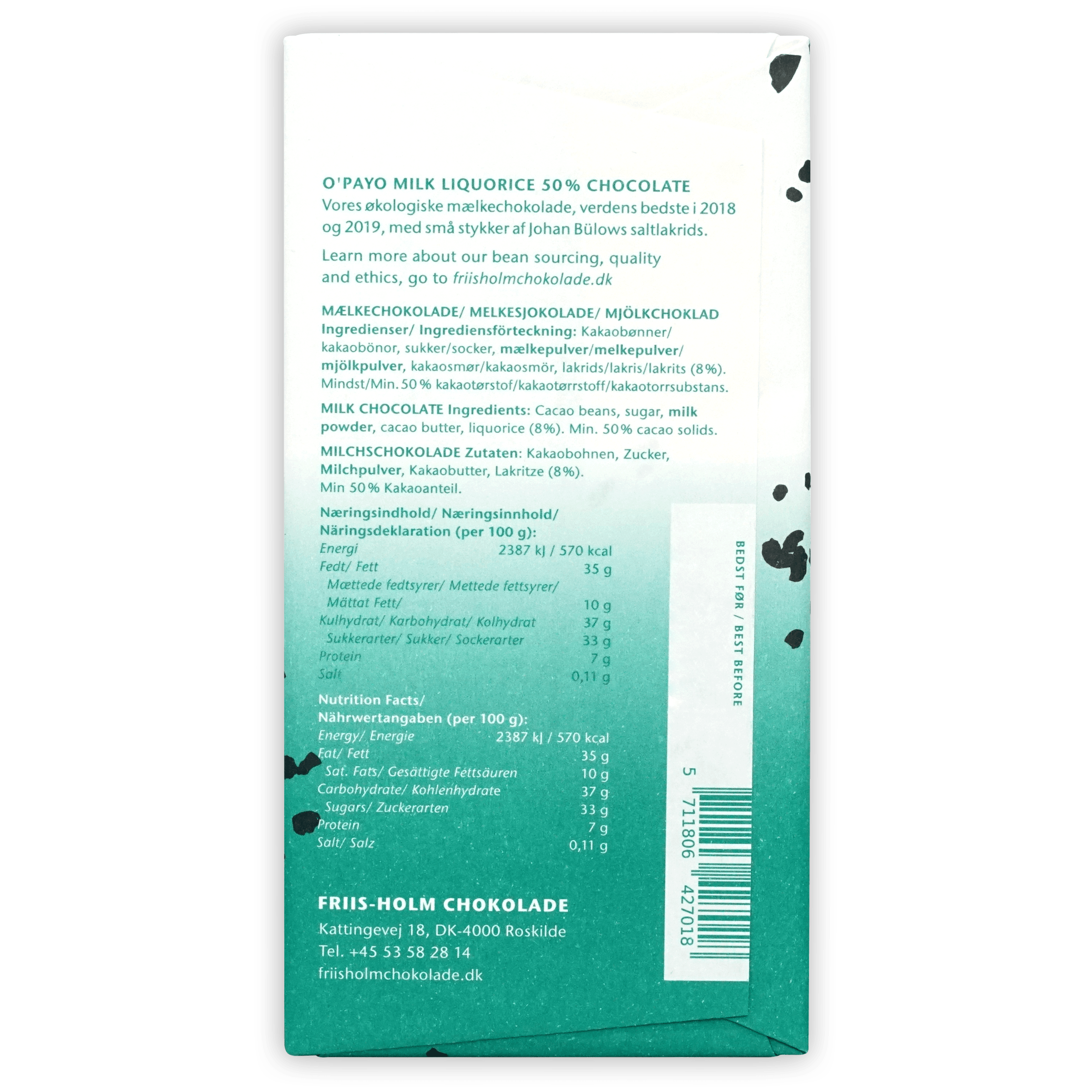 Back of Friis Holm O’Payo Milk Liquorice 50% chocolate bar wrapper