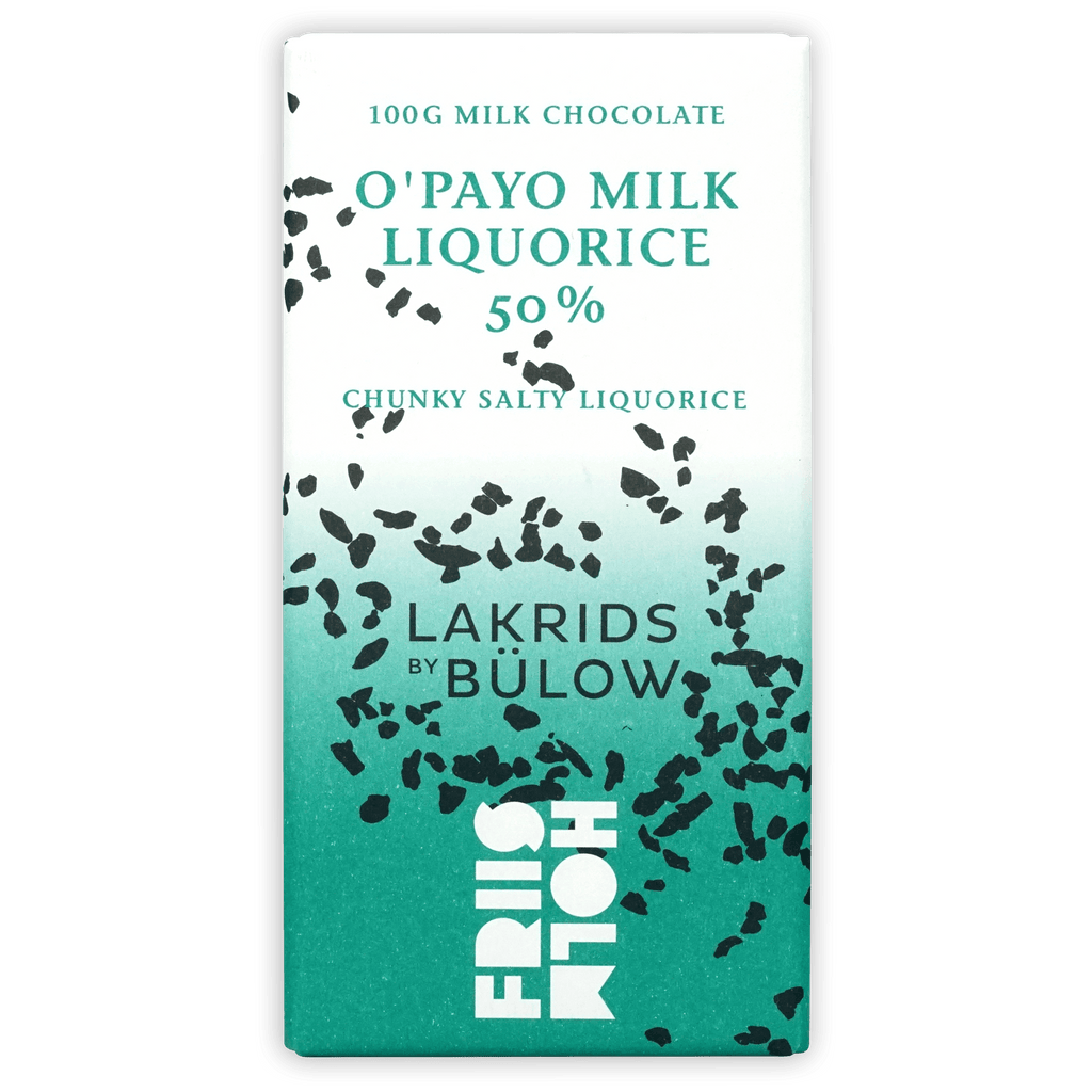 Friis Holm O’Payo Milk Liquorice 50% teal wrapper with black chunk graphics
