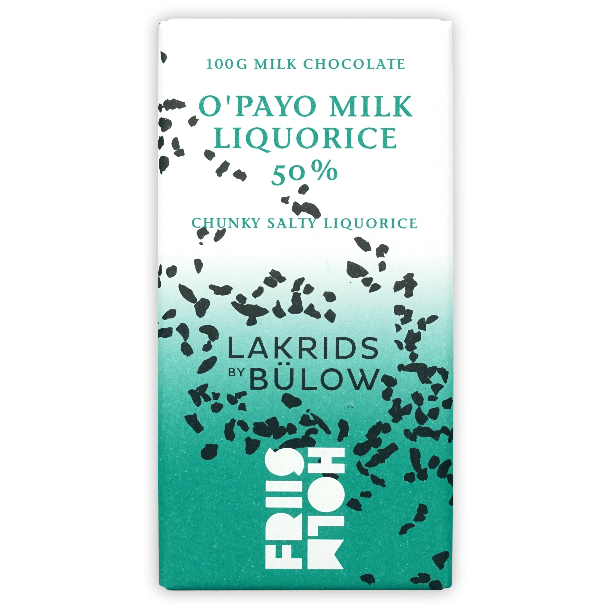 Friis Holm O’Payo Milk Liquorice 50% teal wrapper with black chunk graphics
